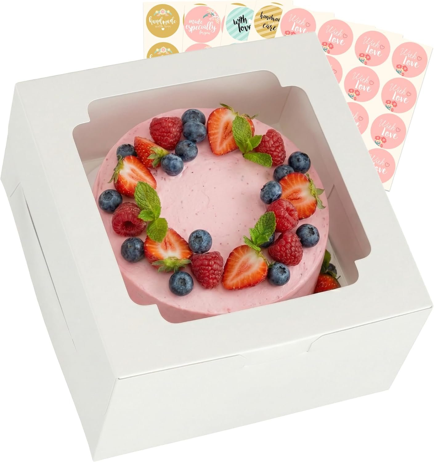 Boîte à gâteau en gros 25 pièces 10x10x5 pouces avec fenêtre, blanc, emballage pour pâtisseries, cookies, beignets, dessert, mariage, avec logo personnalisé, fabricant de boîtes en carton, 80 autocollants inclus.