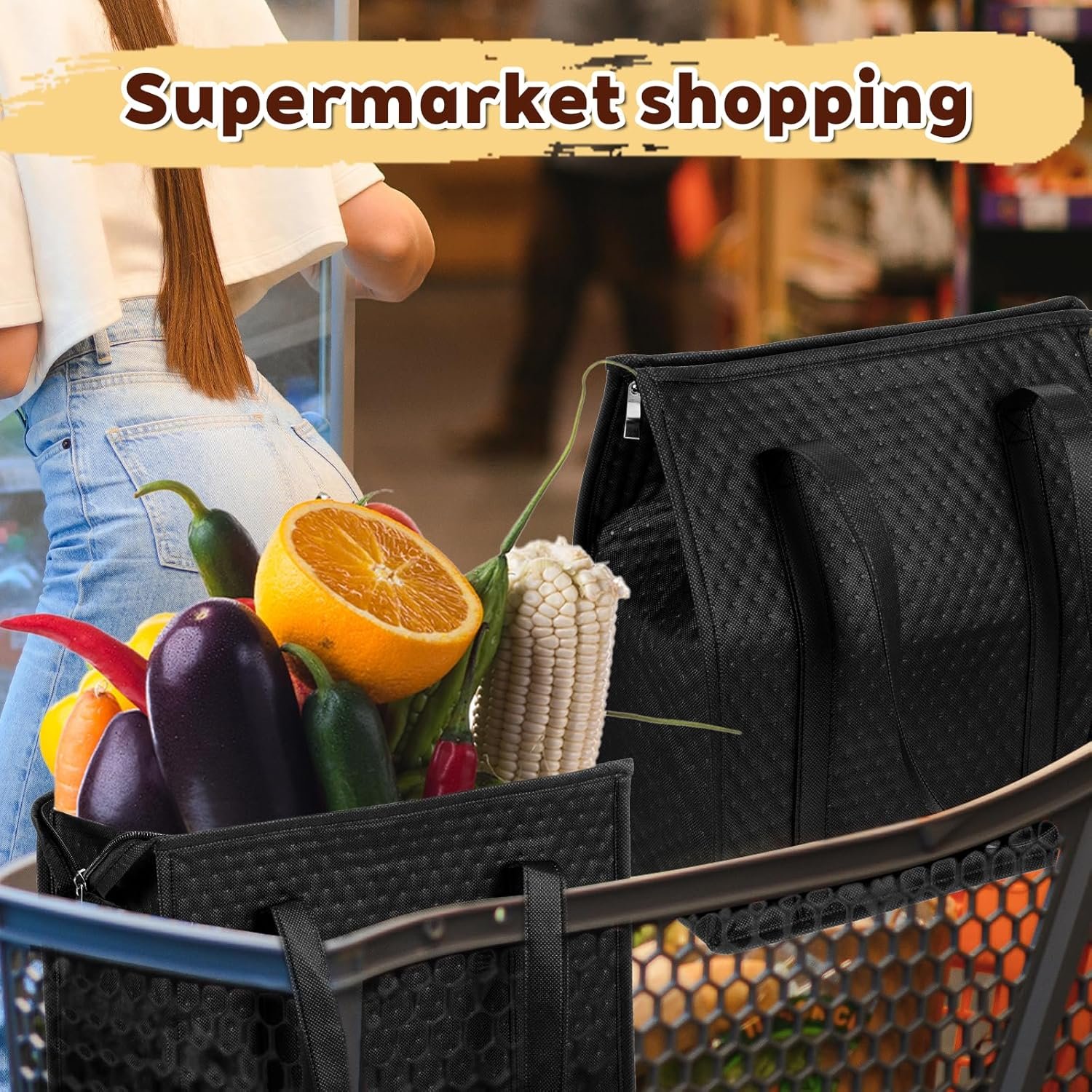 Sac isotherme réutilisable en lot de 4, idéal pour les courses et la livraison de nourriture, avec fermeture éclair et poignée, Grossiste en sacs à provisions, Fabricant d'équipements thermiques, Logo Personnalisé.