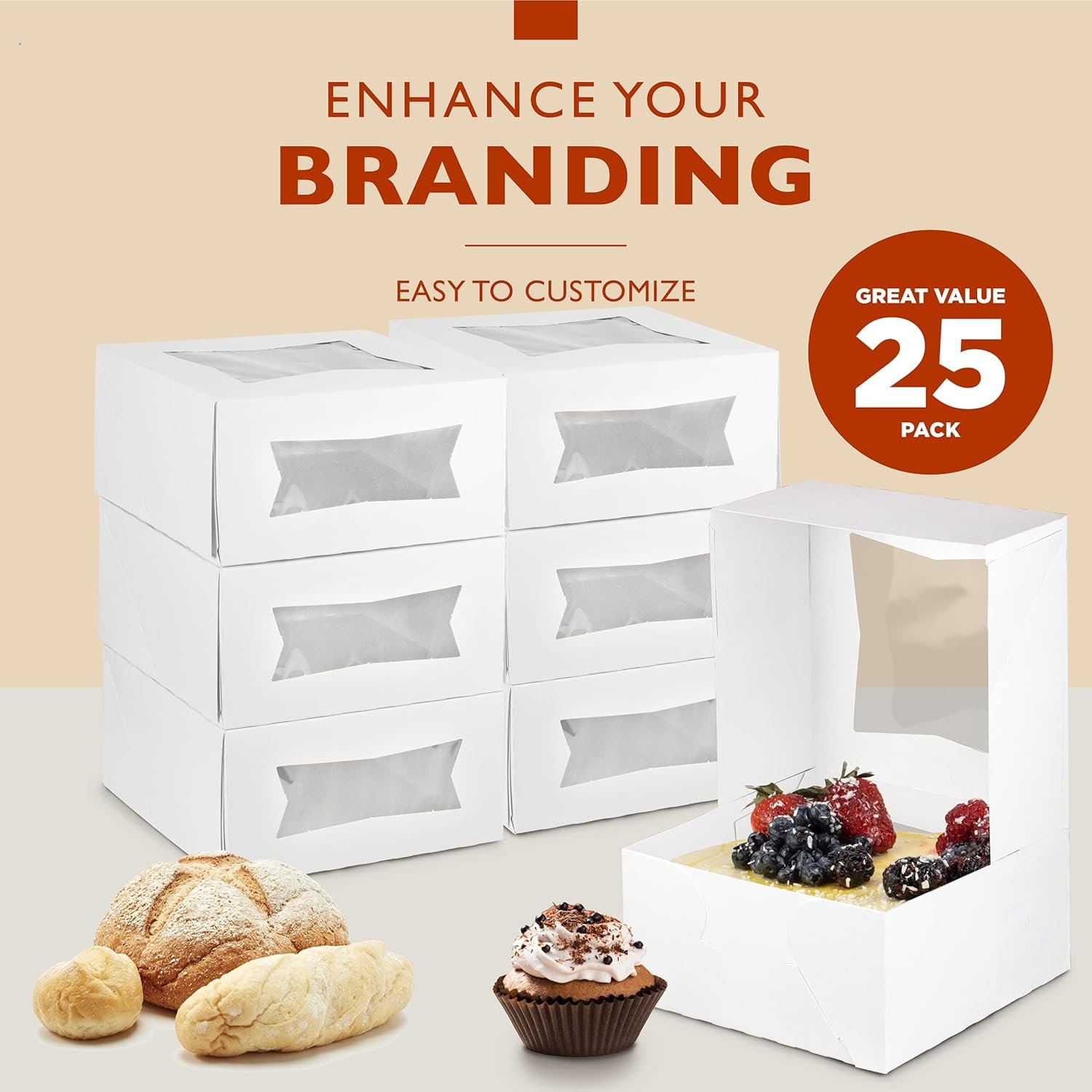 Grossiste boîtes à gâteaux avec fenêtre 8 x 8 x 4 pouces, emballages blancs pour desserts, cookies et pâtisseries, boîte cadeau, Logo Personnalisé, Fabricant de contenants pour la Saint-Valentin, Noël.