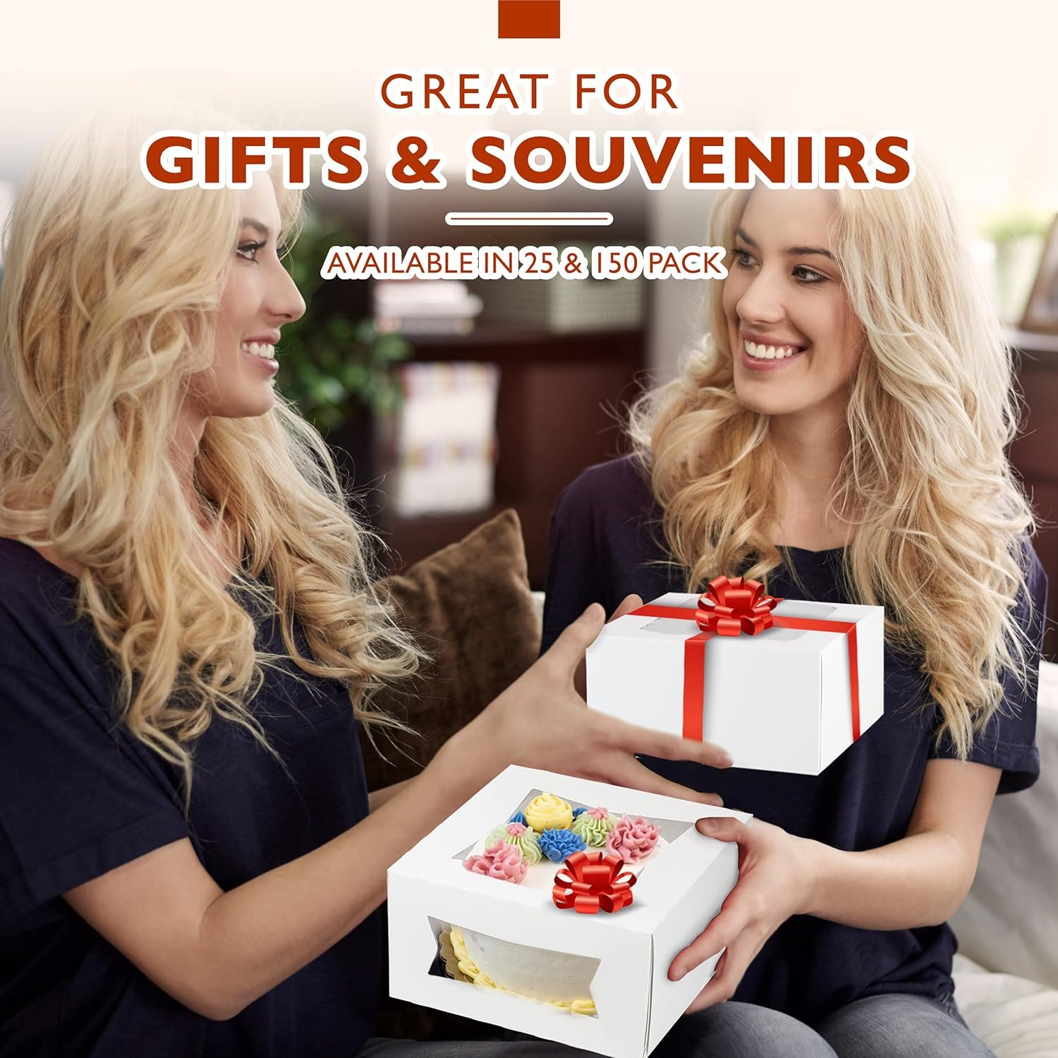 Grossiste boîtes à gâteaux avec fenêtre 8 x 8 x 4 pouces, emballages blancs pour desserts, cookies et pâtisseries, boîte cadeau, Logo Personnalisé, Fabricant de contenants pour la Saint-Valentin, Noël.