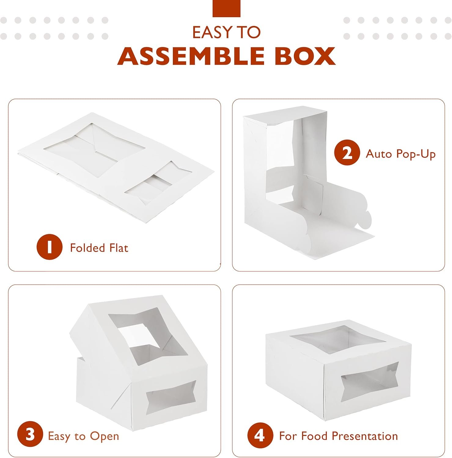 Grossiste boîtes à gâteaux avec fenêtre 8 x 8 x 4 pouces, emballages blancs pour desserts, cookies et pâtisseries, boîte cadeau, Logo Personnalisé, Fabricant de contenants pour la Saint-Valentin, Noël.