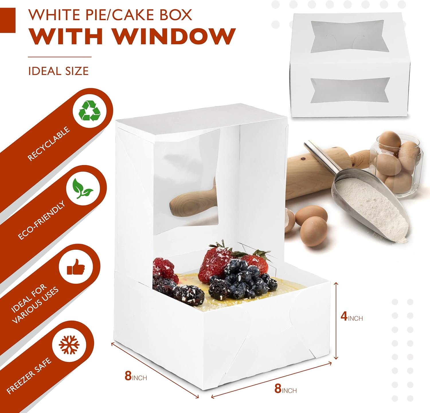 Grossiste boîtes à gâteaux avec fenêtre 8 x 8 x 4 pouces, emballages blancs pour desserts, cookies et pâtisseries, boîte cadeau, Logo Personnalisé, Fabricant de contenants pour la Saint-Valentin, Noël.