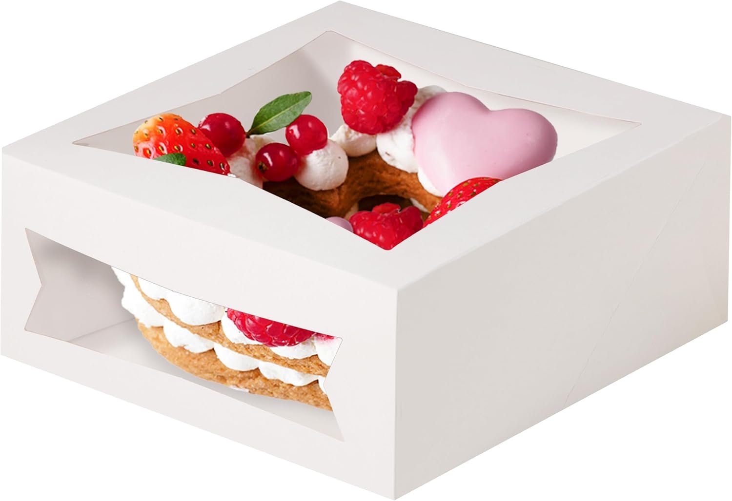 Grossiste boîtes à gâteaux avec fenêtre 8 x 8 x 4 pouces, emballages blancs pour desserts, cookies et pâtisseries, boîte cadeau, Logo Personnalisé, Fabricant de contenants pour la Saint-Valentin, Noël.