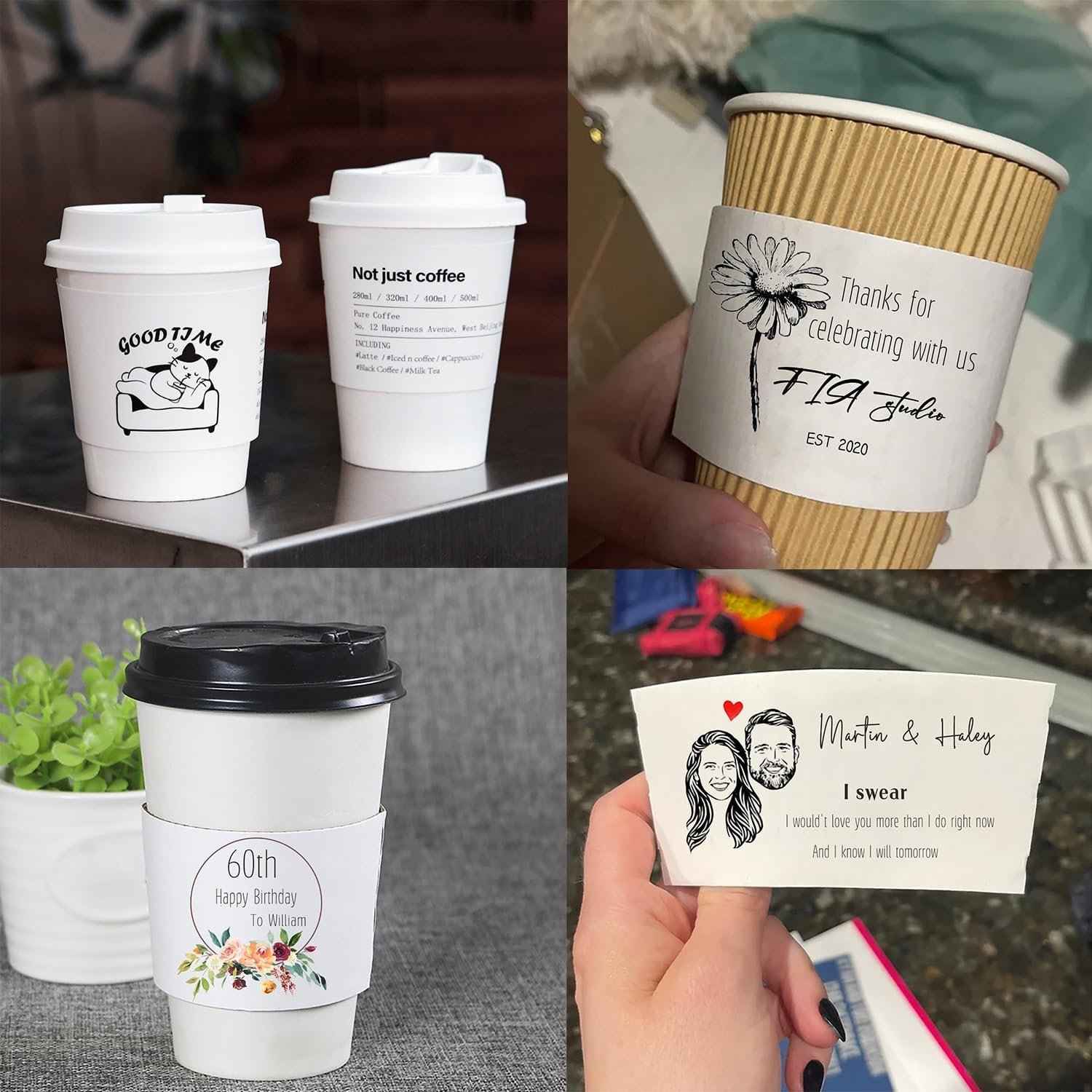 Grossiste 20-100PCS Manches en papier blanc personnalisées pour tasses à café, Fournisseur de manches en carton jetables, Logo personnalisé pour événements tels que mariages et baby showers.
