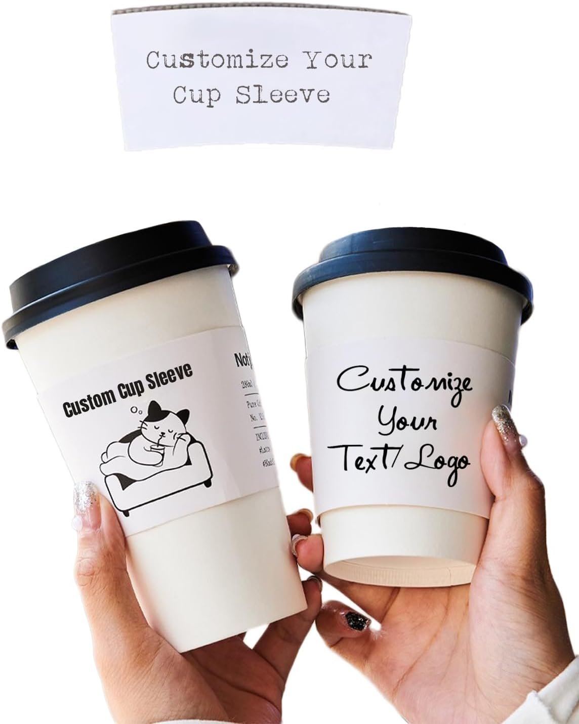 Grossiste 20-100PCS Manches en papier blanc personnalisées pour tasses à café, Fournisseur de manches en carton jetables, Logo personnalisé pour événements tels que mariages et baby showers.