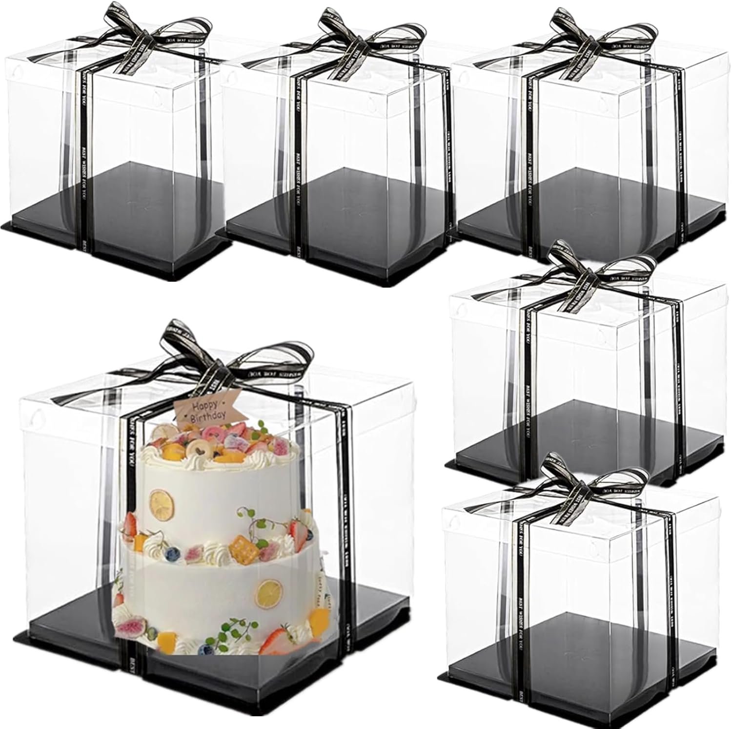 Grossiste 6 Pack de Boîtes à Gâteau Transparentes avec Ruban, Fabricant Porte-Gâteau Haut pour Gâteau à 2 Niveaux, 10x10x9 pouces Boîtes Cadeaux Transparentes avec Couvercle et Tableau Noir, Packaging de Mariage en Vente en Gros