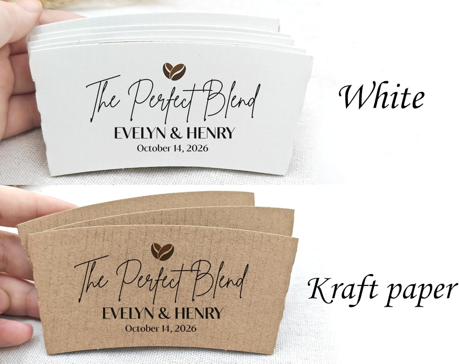 Grossiste en Favoris Personnalisés pour Mariage, Anniversaire ou Fiançailles, Manchons en Papier Écologiques pour Tasses de 8 à 20 oz, Logo Personnalisé et Fabricant de Manchons Durables en Carton Corrugué