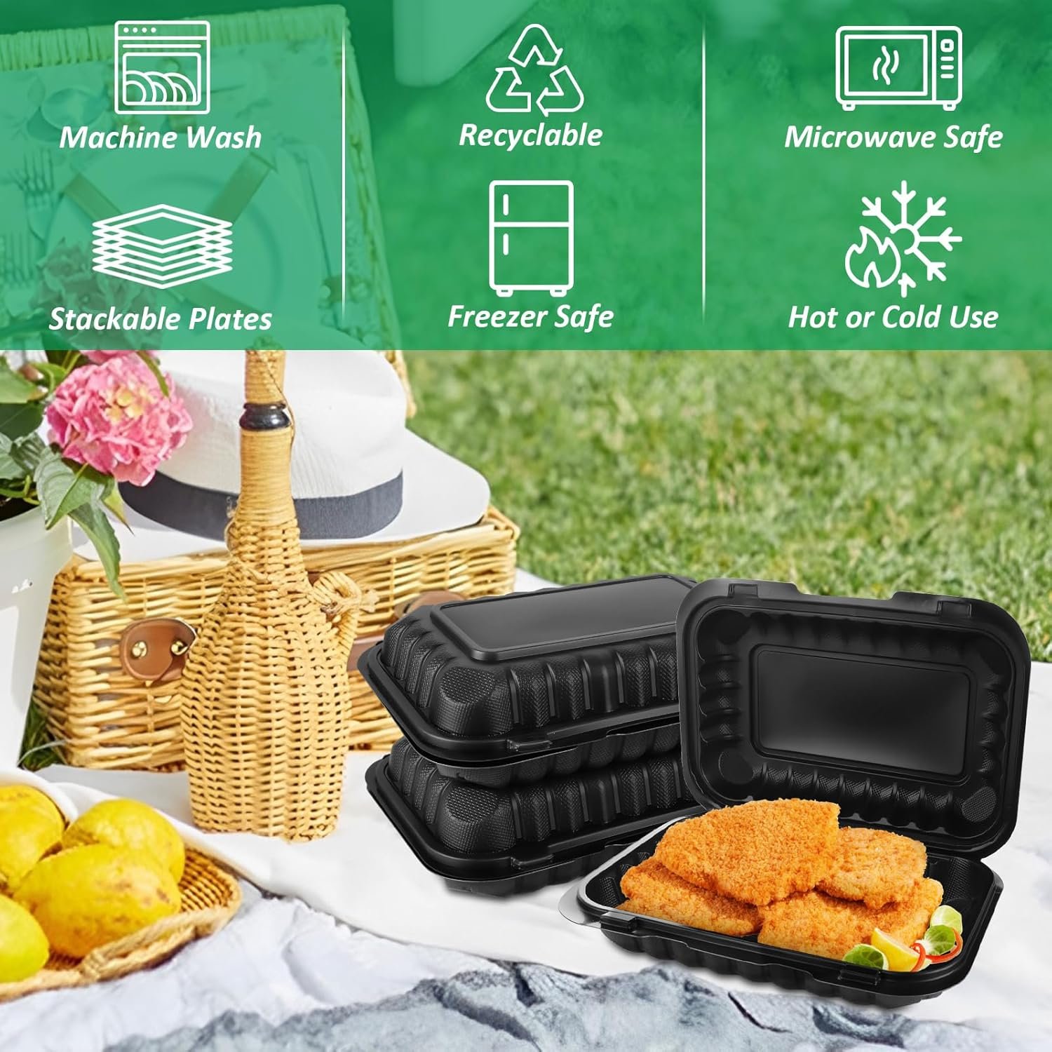 Grossiste 50 Pack de Contenants Alimentaires en Plastique Clamshell 27 OZ, 9 x 6 Pouces avec Couvercles, Recyclables et Sans BPA, Vente en Gros de Boîtes à Emporter pour Rangement Alimentaire.