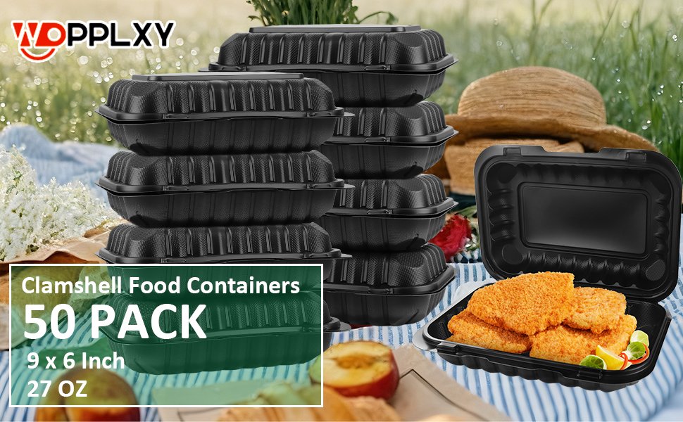 Grossiste 50 Pack de Contenants Alimentaires en Plastique Clamshell 27 OZ, 9 x 6 Pouces avec Couvercles, Recyclables et Sans BPA, Vente en Gros de Boîtes à Emporter pour Rangement Alimentaire.