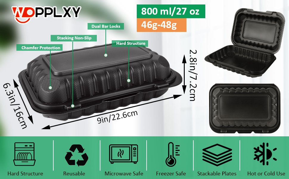 Grossiste 50 Pack de Contenants Alimentaires en Plastique Clamshell 27 OZ, 9 x 6 Pouces avec Couvercles, Recyclables et Sans BPA, Vente en Gros de Boîtes à Emporter pour Rangement Alimentaire.