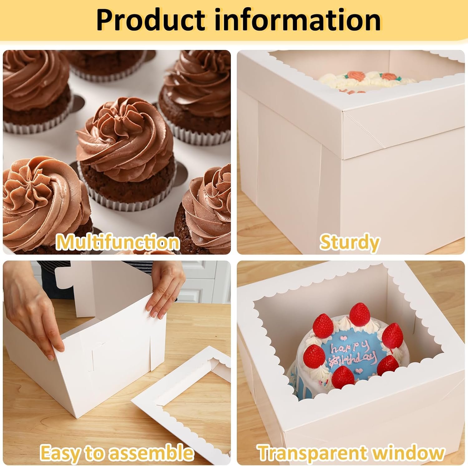 Grossiste des boîtes à gâteaux carrées 12 pièces, 10x10x8 pouces avec fenêtre, pour donuts, tartes, cookies, mariage et anniversaire, avec logo personnalisé, disponibles en vente en gros.