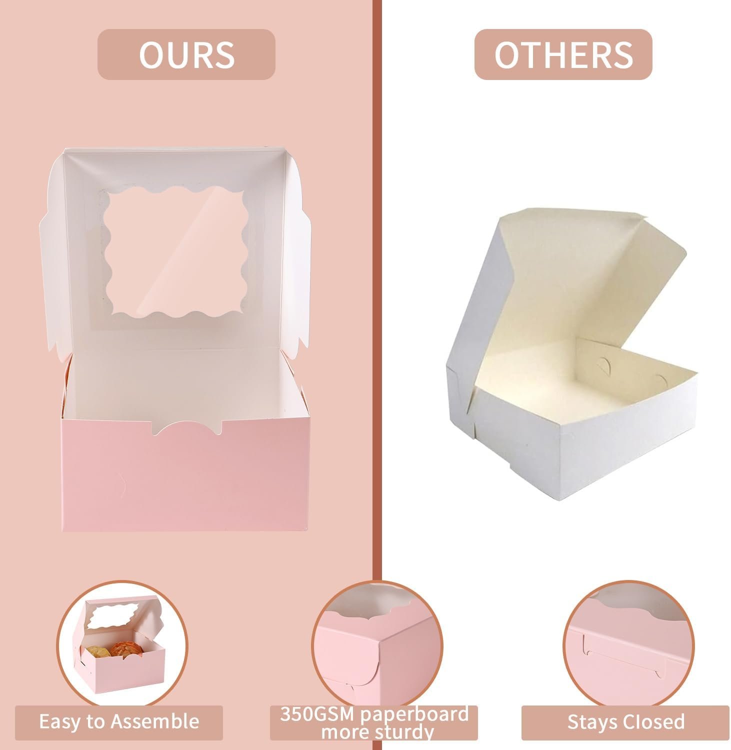 Grossiste en boîte à gâteau petite de 36 pcs 6x6x3 pouces avec fenêtre, logo personnalisé, idéal pour pâtisseries, desserts, fraises, chocolats, cupcakes en vente en gros.