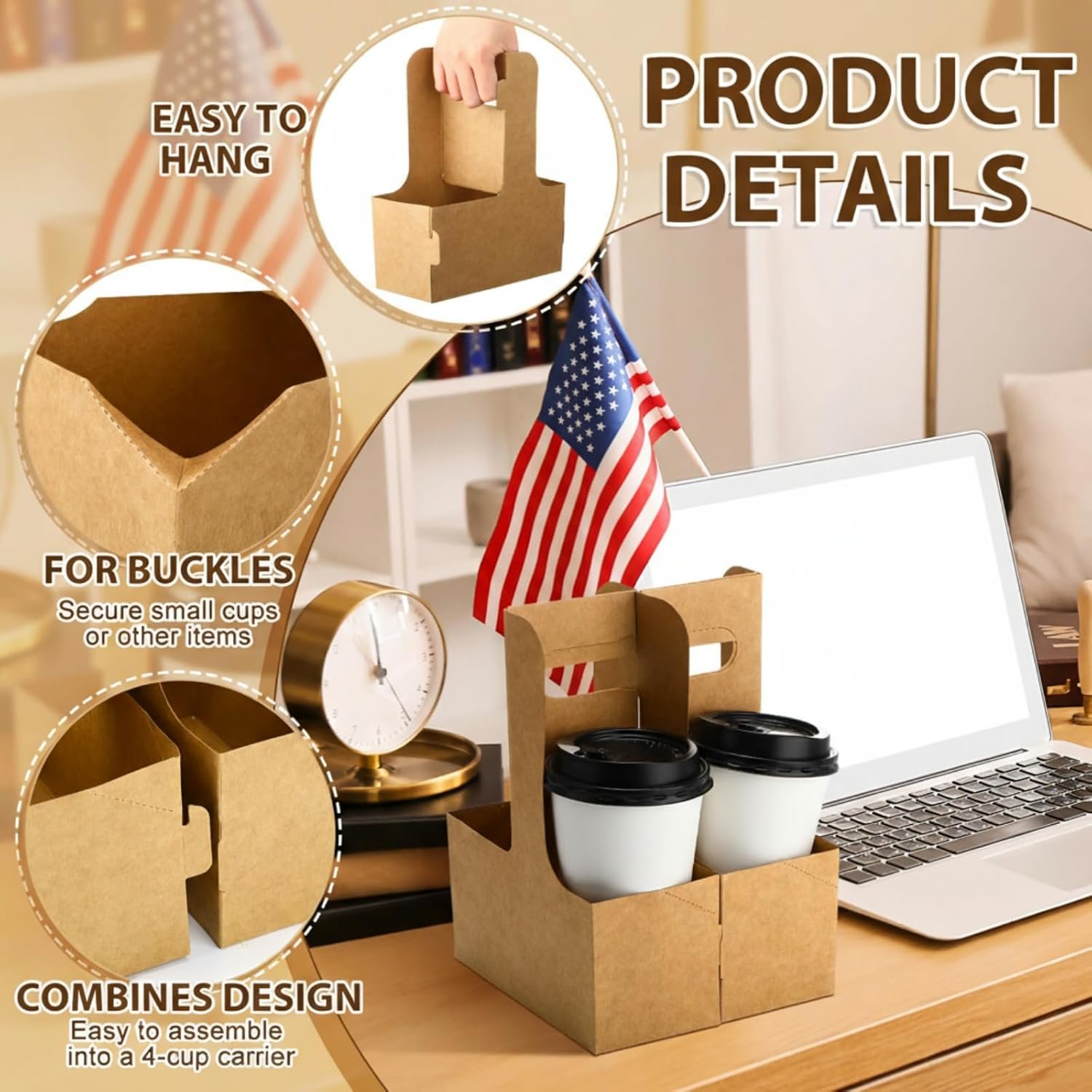 Grossiste support de boisson portable pliable pour 2 tasses avec poignée, fabriqué en carton recyclable pour boissons chaudes/froides avec étiquette cadeau, idéal pour la rentrée, option OEM et personnalisable.