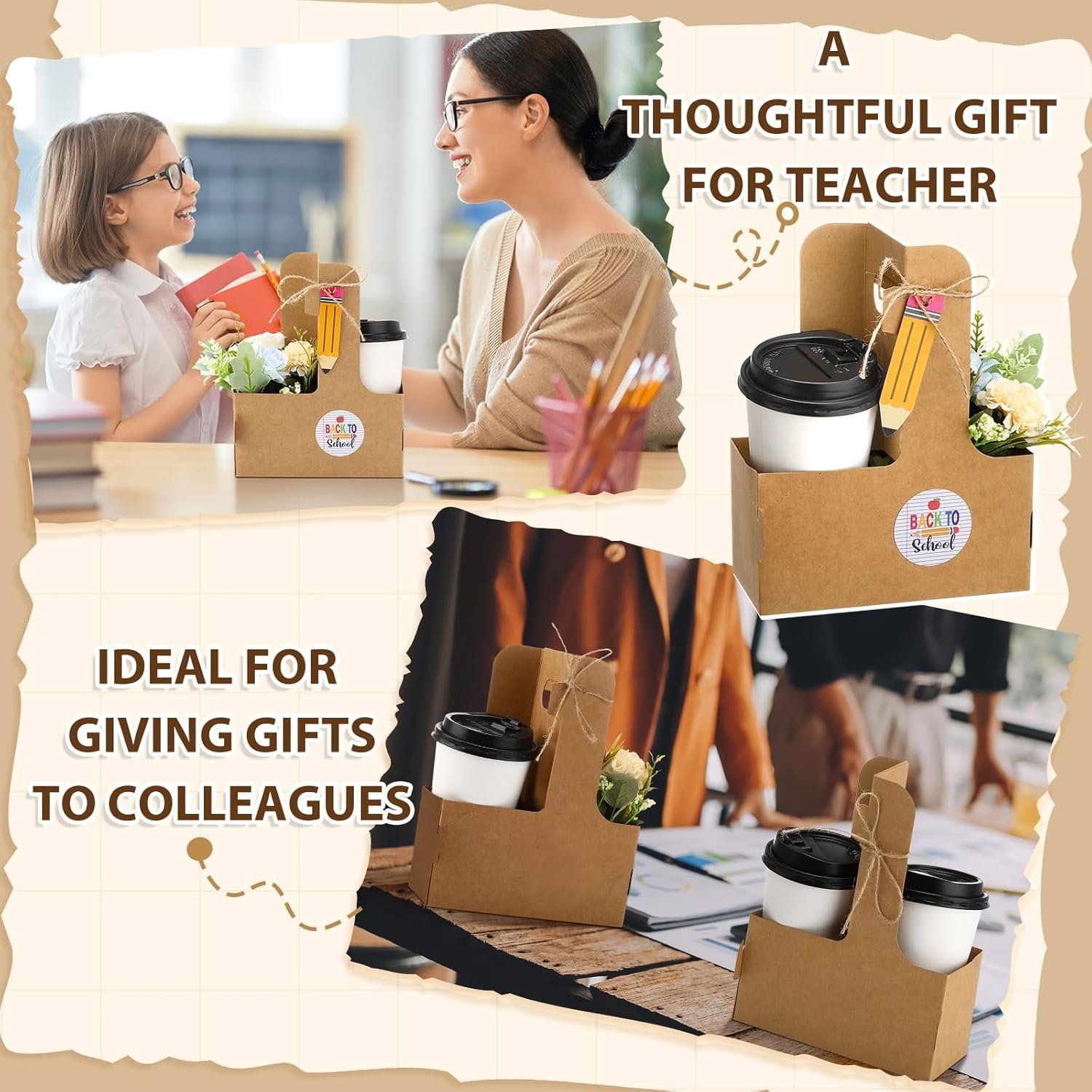 Grossiste support de boisson portable pliable pour 2 tasses avec poignée, fabriqué en carton recyclable pour boissons chaudes/froides avec étiquette cadeau, idéal pour la rentrée, option OEM et personnalisable.