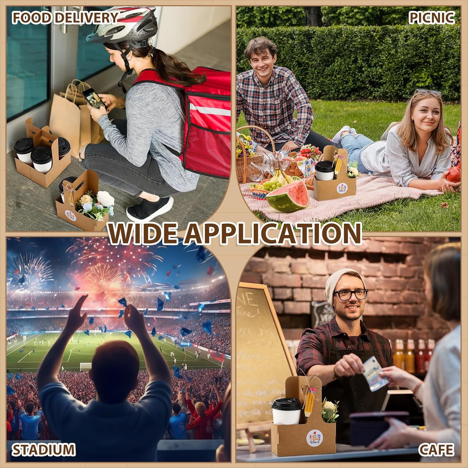 Grossiste support de boisson portable pliable pour 2 tasses avec poignée, fabriqué en carton recyclable pour boissons chaudes/froides avec étiquette cadeau, idéal pour la rentrée, option OEM et personnalisable.