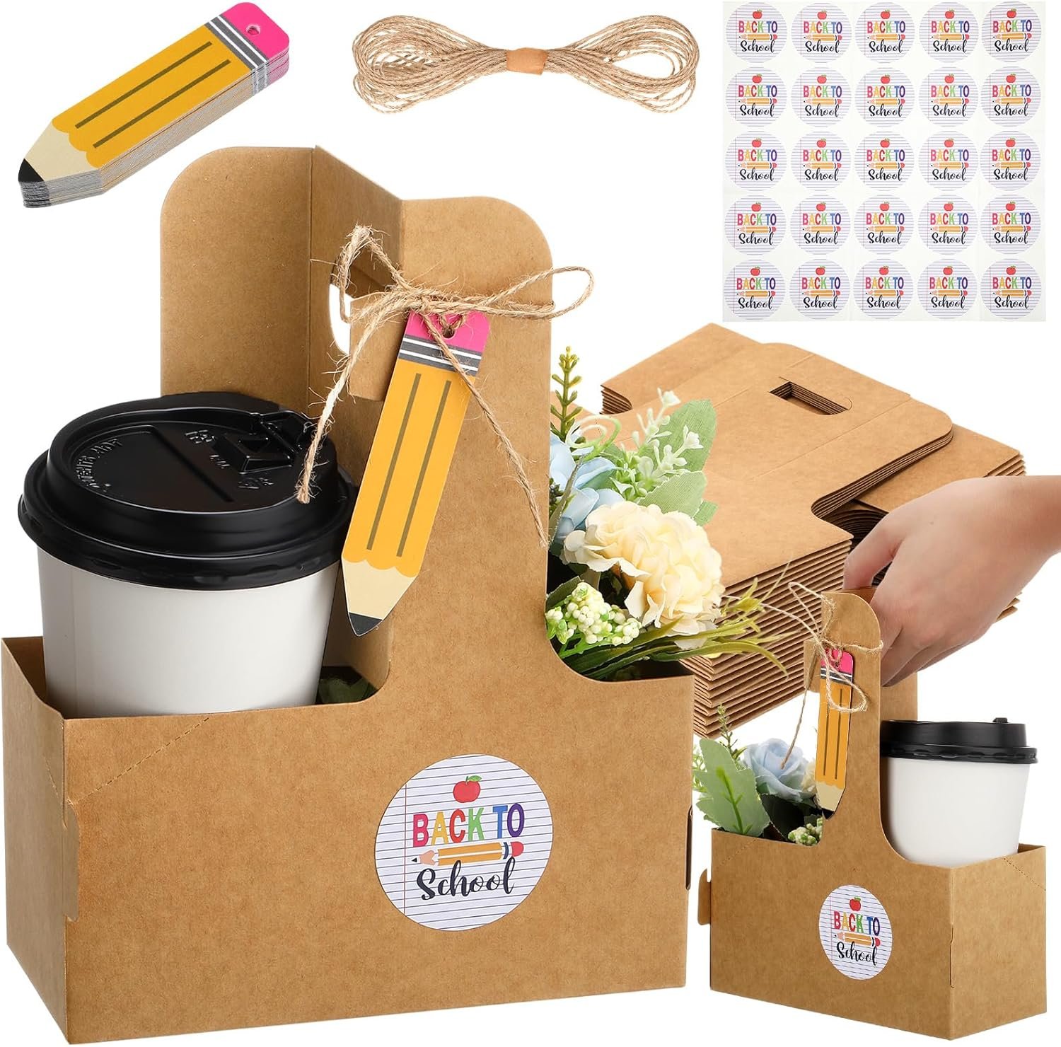 Grossiste support de boisson portable pliable pour 2 tasses avec poignée, fabriqué en carton recyclable pour boissons chaudes/froides avec étiquette cadeau, idéal pour la rentrée, option OEM et personnalisable.