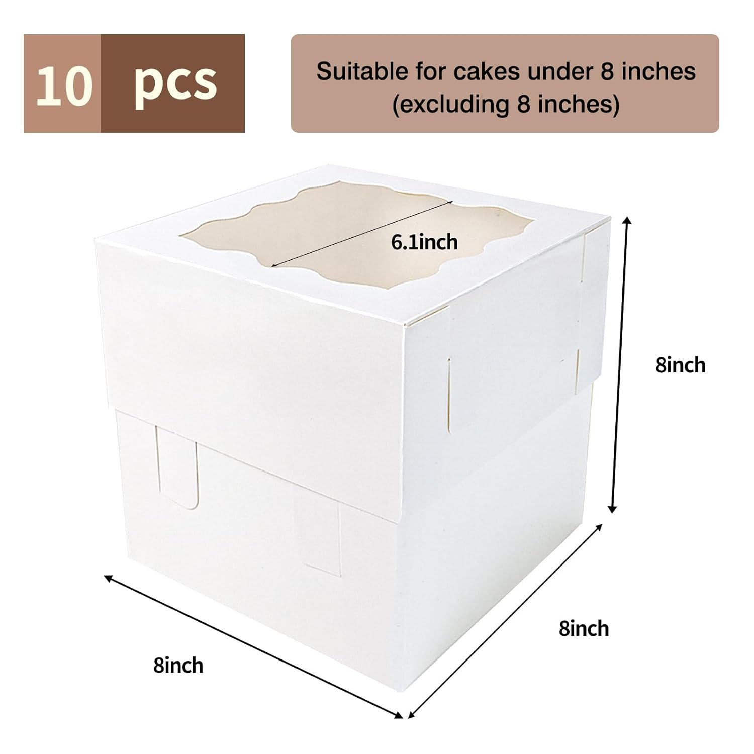 Cajas Pasteles en Vrac avec Fenêtre, Boîtes à Gâteaux 8x8x8 Inches Blances, Logo Personnalisé pour Mariage, Anniversaire, Fête, Fournisseur de Solutions de Rangement