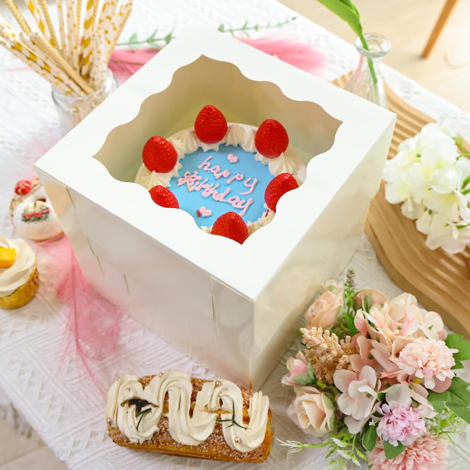 Cajas Pasteles en Vrac avec Fenêtre, Boîtes à Gâteaux 8x8x8 Inches Blances, Logo Personnalisé pour Mariage, Anniversaire, Fête, Fournisseur de Solutions de Rangement