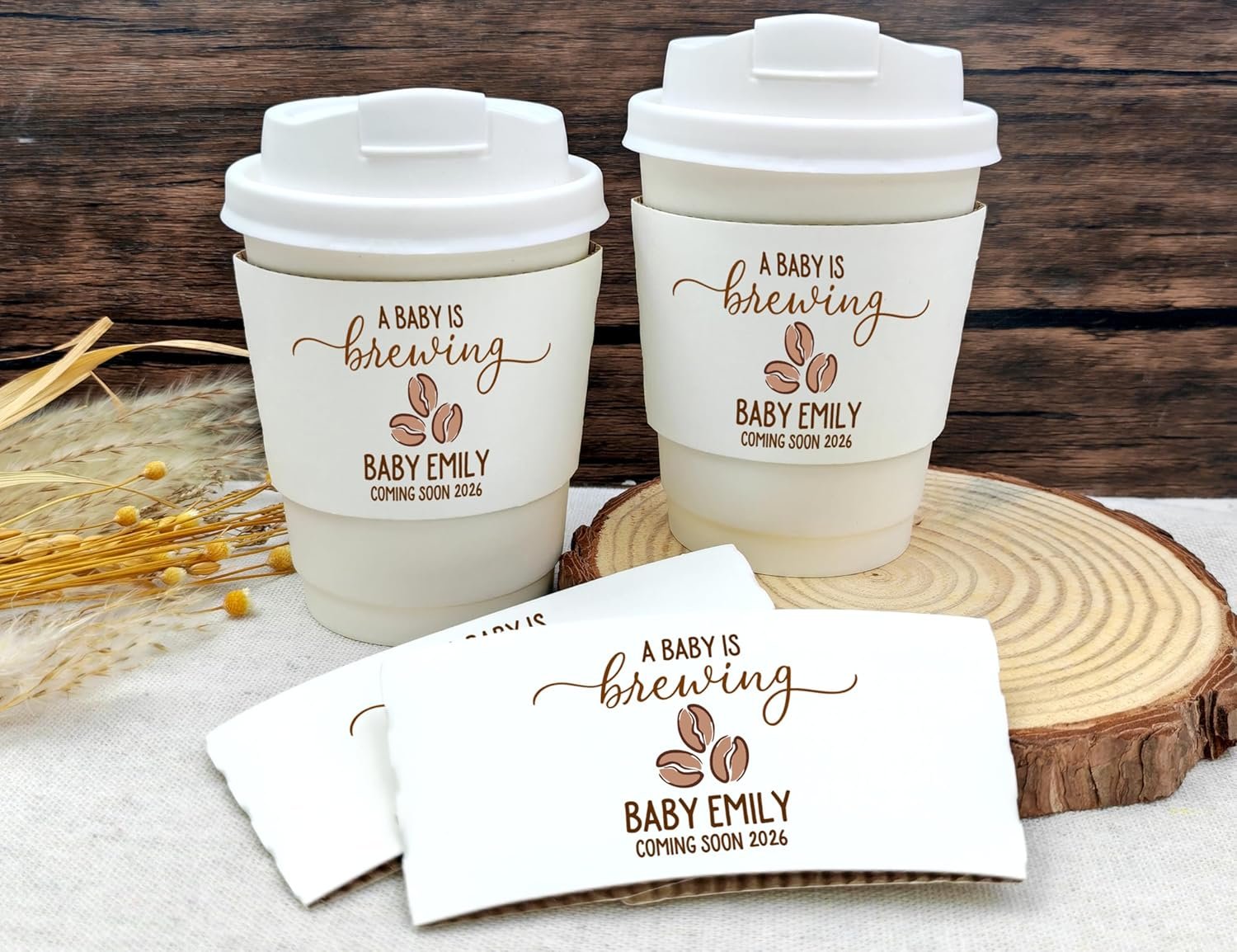 Grossiste de manchons à café en papier personnalisés, manchons jetables pour baby shower, OEM de manchons à café pour décoration de fête de révélation de genre.