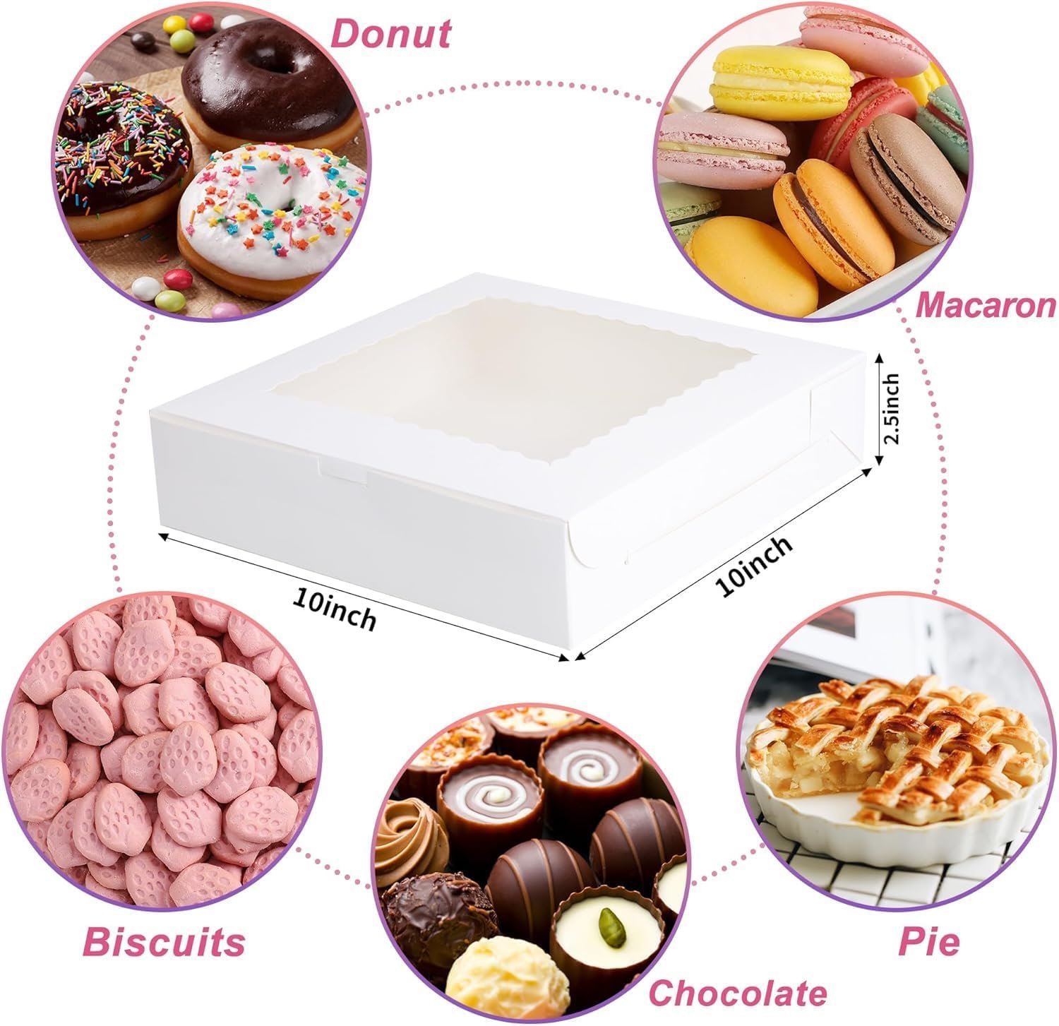 Grossiste 10 Boîtes à Pâtisserie avec Fenêtre 10x10x2,5 pouces, Fournisseur d'Emballages pour Gâteaux, Muffins, Cookies et Desserts, OEM