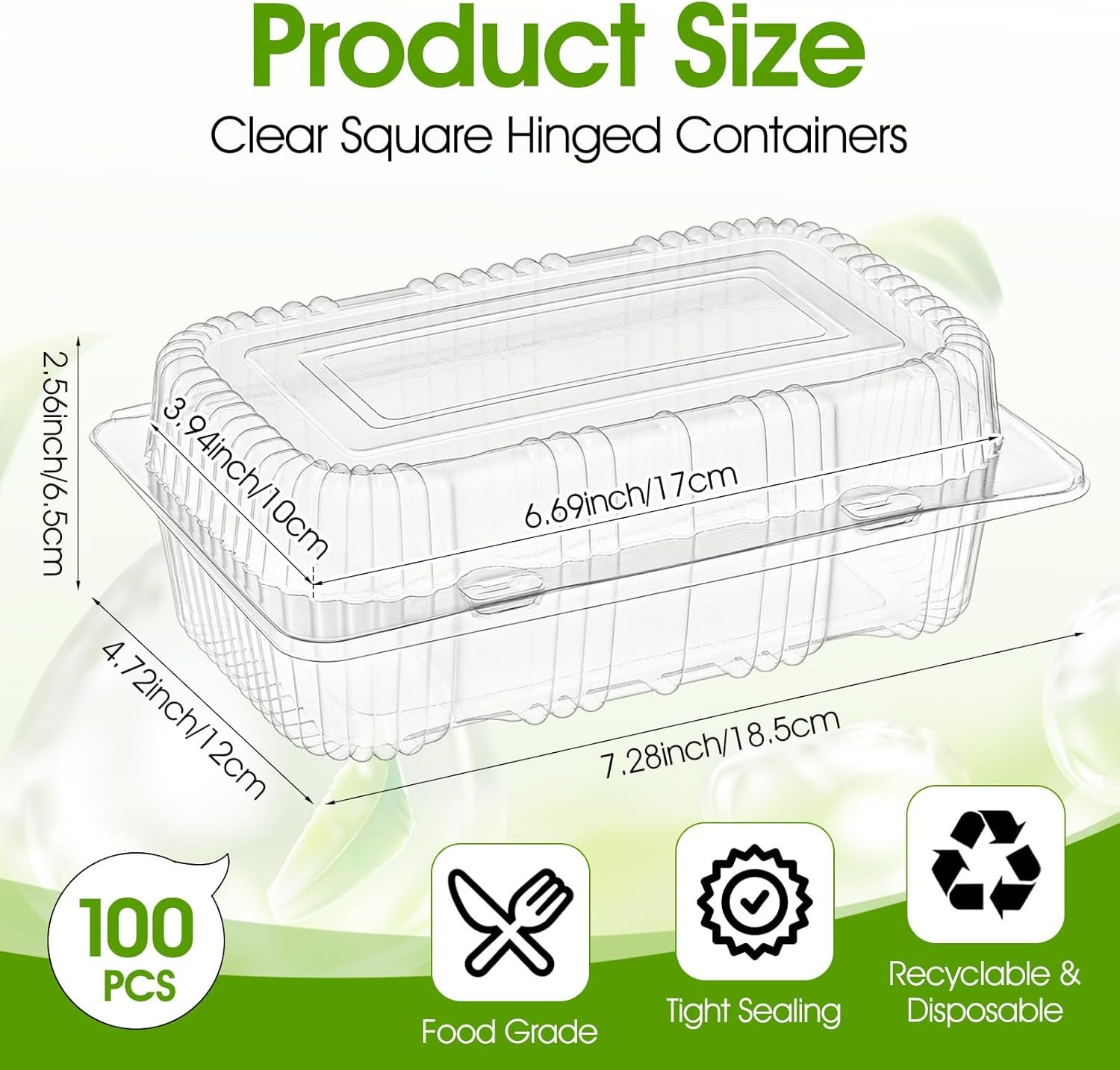 Grossiste conteneurs alimentaires en plastique transparent à charnière, 100 pièces, 7,28 x 4,72 x 2,56 pouces, boîte à emporter robuste pour dessert, sandwich, salade, cookies, logo personnalisé, fabricant.