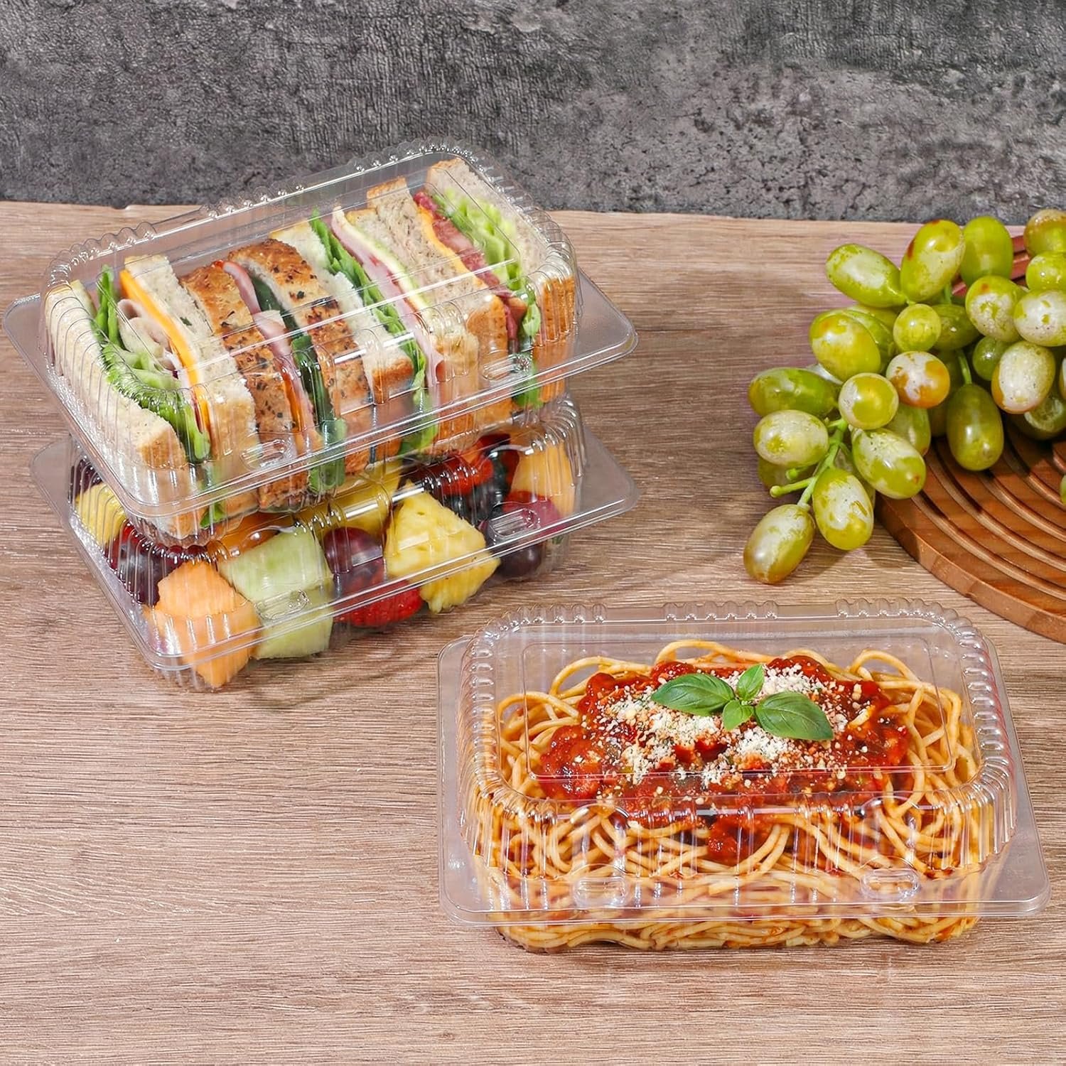 Grossiste conteneurs alimentaires en plastique transparent à charnière, 100 pièces, 7,28 x 4,72 x 2,56 pouces, boîte à emporter robuste pour dessert, sandwich, salade, cookies, logo personnalisé, fabricant.