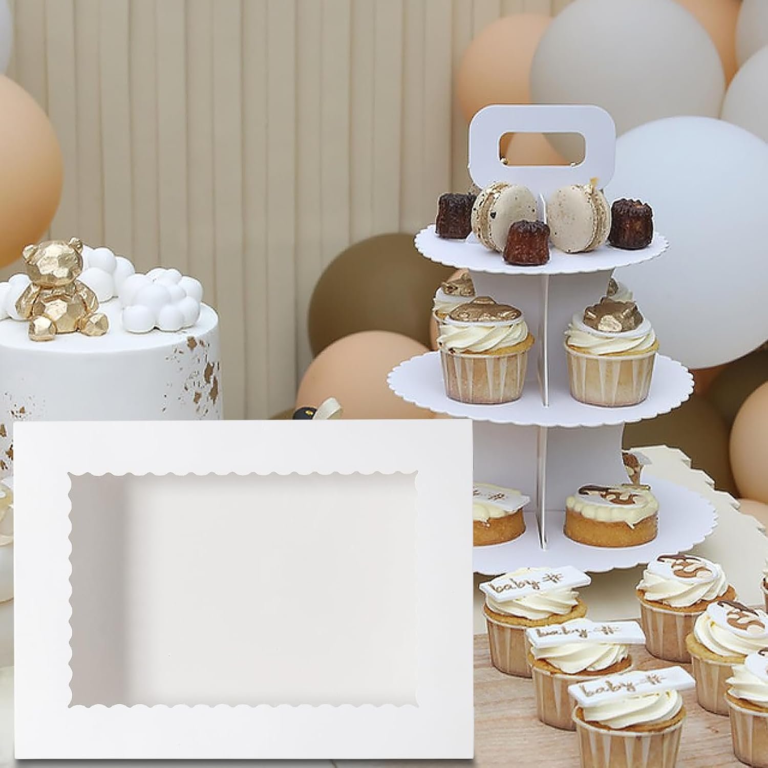 Boîtes à gâteau rectangulaires 1/2 feuille 10pcs 19x14x4 avec fenêtre, vente en gros, conçues par un fabricant pour pâtisserie, cupcakes, donuts, cookies et emballage de tartes, avec option de logo personnalisé.