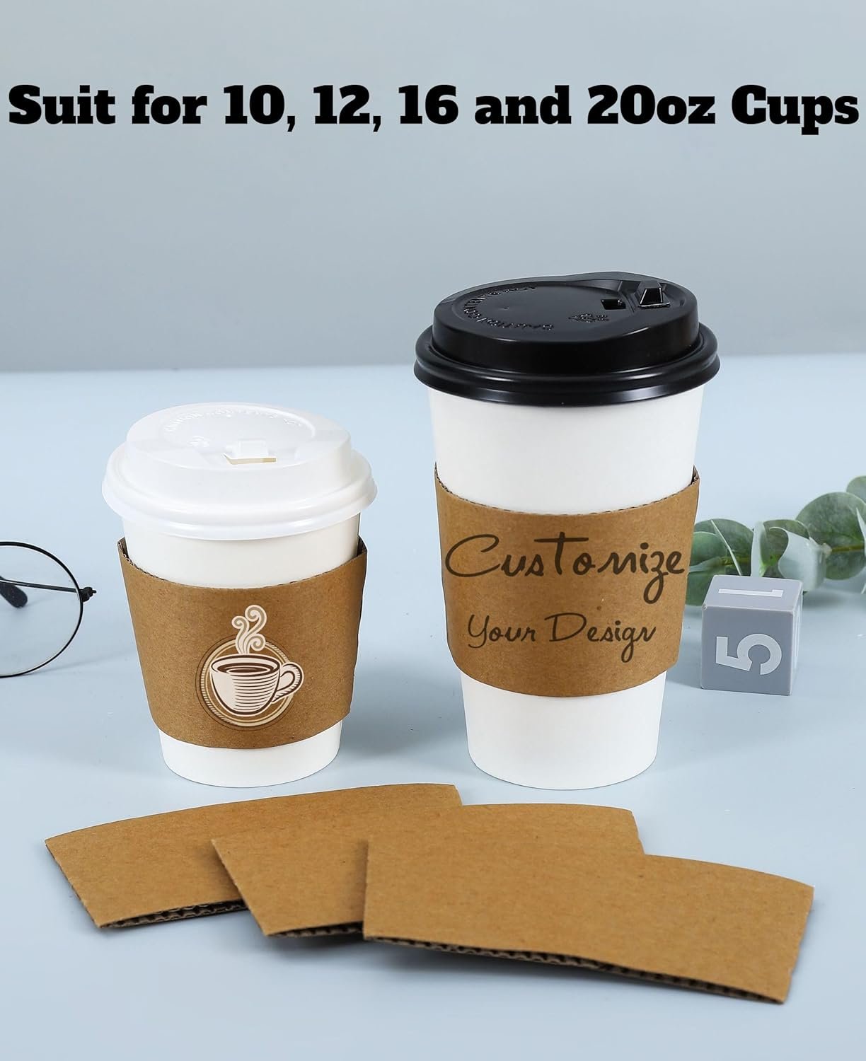 Grossiste de manchons à café jetables blancs/Kraft sur mesure 20-100 pièces, s'adaptent aux gobelets en papier de 10, 12, 16, 20 oz, avec logo personnalisé (50PCS) fabriqué par un fournisseur fiable.