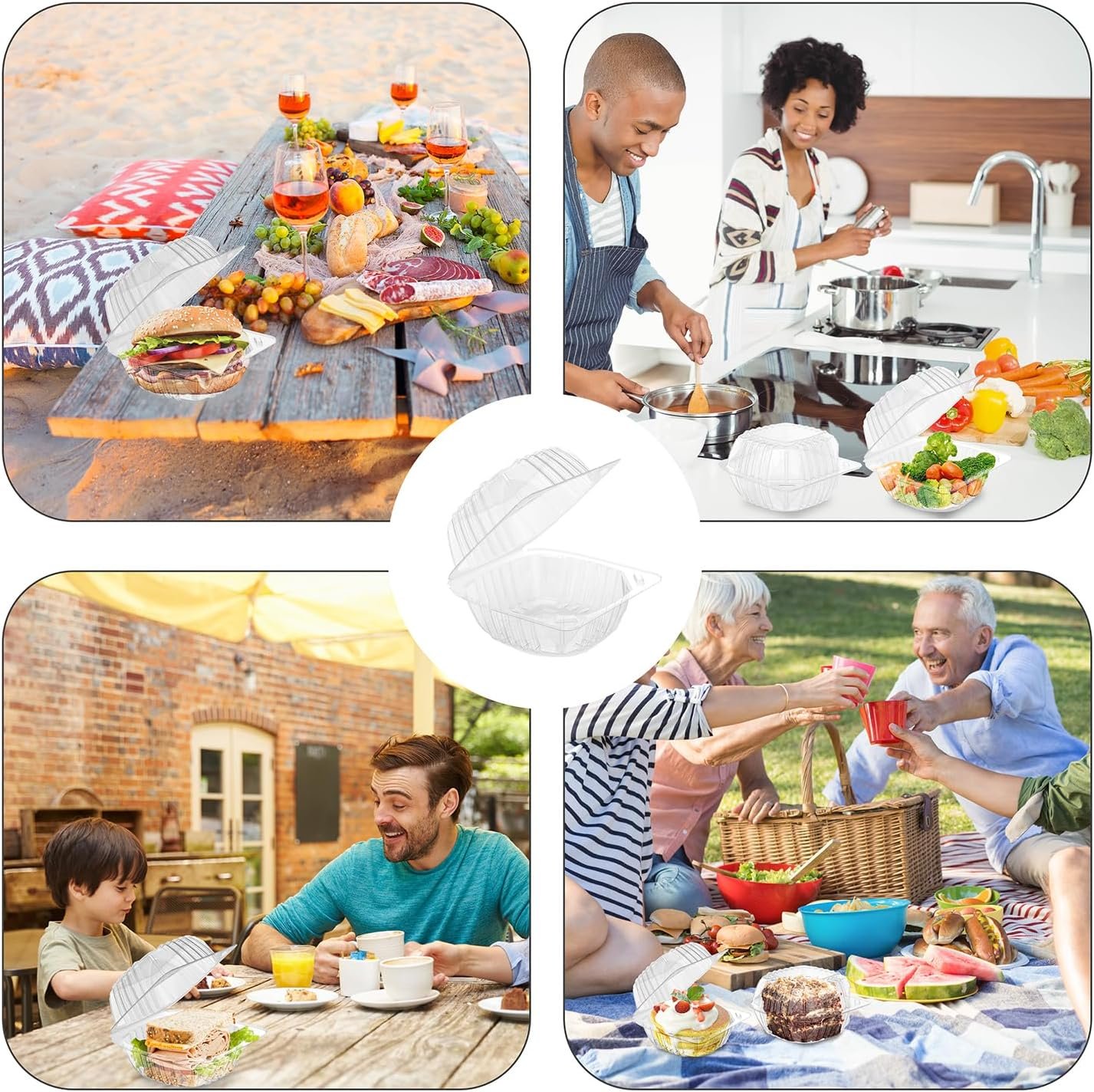 Grossiste conteneurs alimentaires en plastique clair 25 pièces 5.8 x 5.8 x 3.2 pouces, avec couvercles, pour gâteaux, desserts, salades, pâtes, sandwiches, logo personnalisé, fournisseur de solutions jetables.