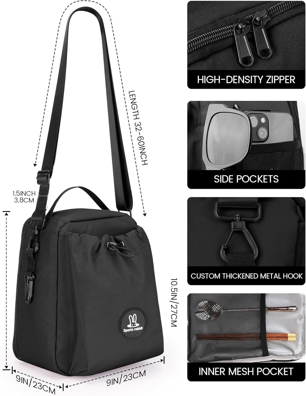 Grossiste Sac à Lunch Isotherme pour Hommes et Femmes – Sac avec Porte-bouteille compatible avec Owala et gobelets Stanley 40/30oz, Sangle Crossbody Ajustable – Idéal pour le Travail, les Voyages et les Pique-niques (Noir) Logo Personnalisé, Fabricant