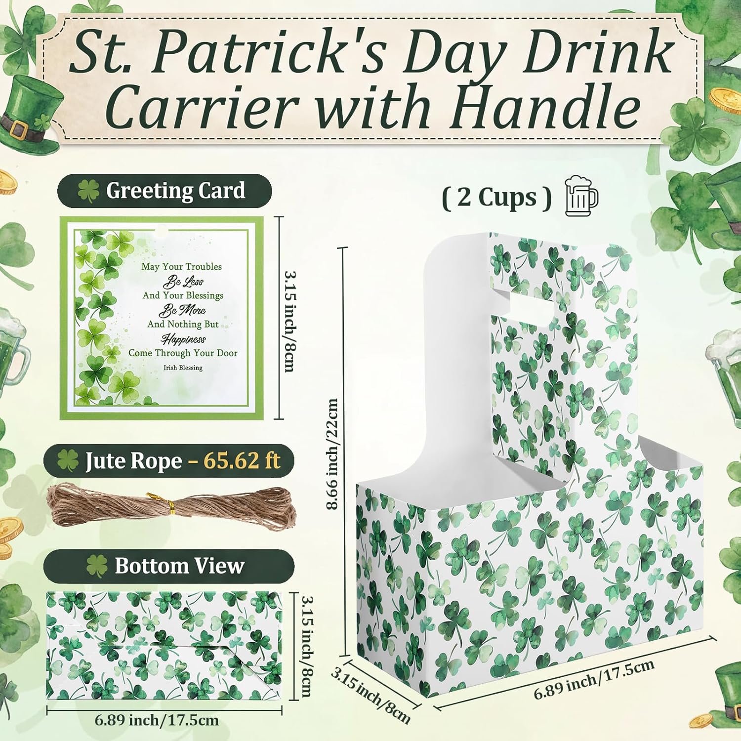 Grossiste en fournitures de fête, support à boissons à 2 tasses avec poignée 12 ensembles Shamrock, carte de bénédiction irlandaise en papier kraft, capacité de 12 à 30 oz pour boissons chaudes et froides, fournisseur de produits jetables, OEM. Grossiste en fournitures de fête, support à boissons à 2 tasses avec poignée 12 ensembles Shamrock, carte de bénédiction irlandaise en papier kraft, capacité de 12 à 30 oz pour boissons chaudes et froides, fournisseur de produits jetables, OEM.