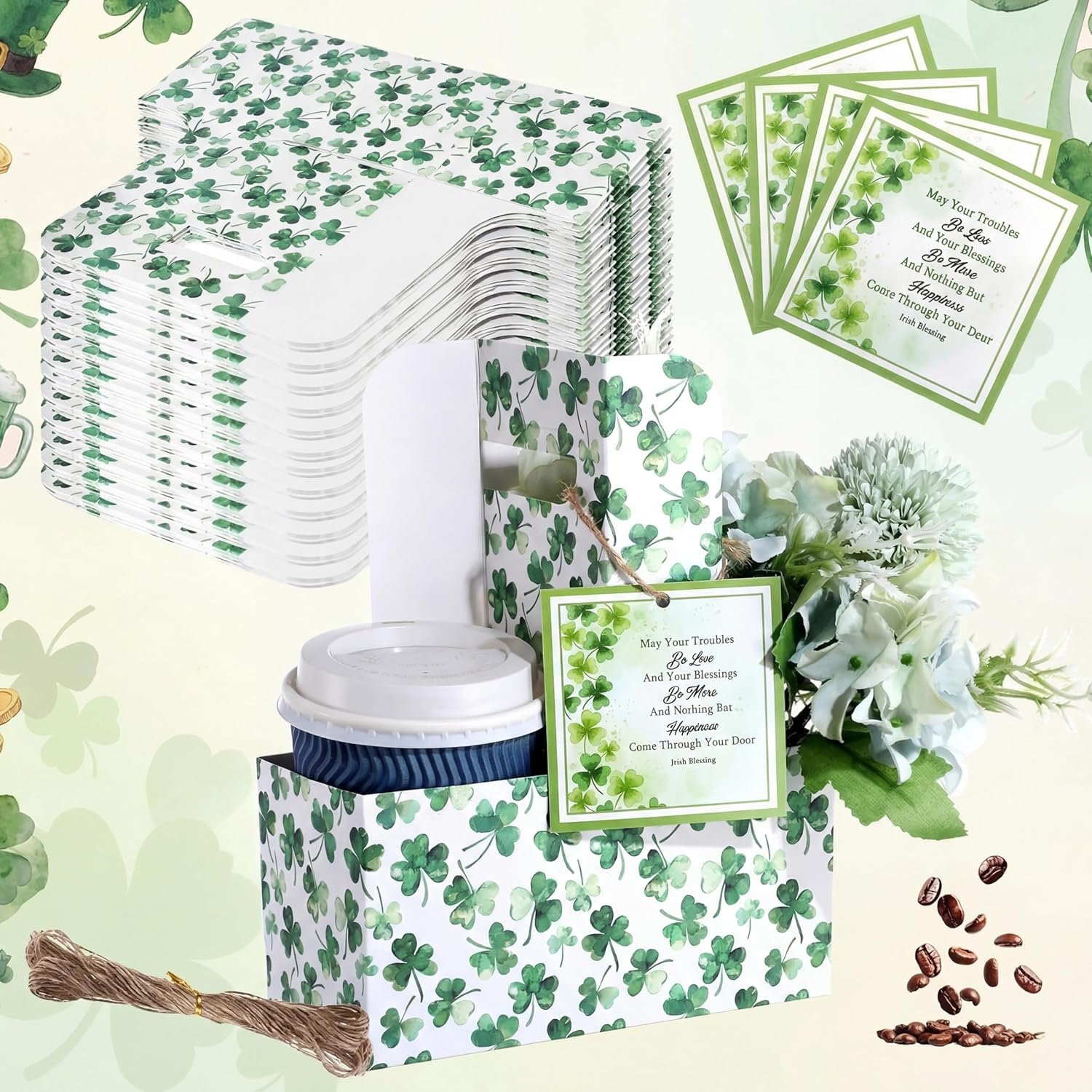 Grossiste en fournitures de fête, support à boissons à 2 tasses avec poignée 12 ensembles Shamrock, carte de bénédiction irlandaise en papier kraft, capacité de 12 à 30 oz pour boissons chaudes et froides, fournisseur de produits jetables, OEM.