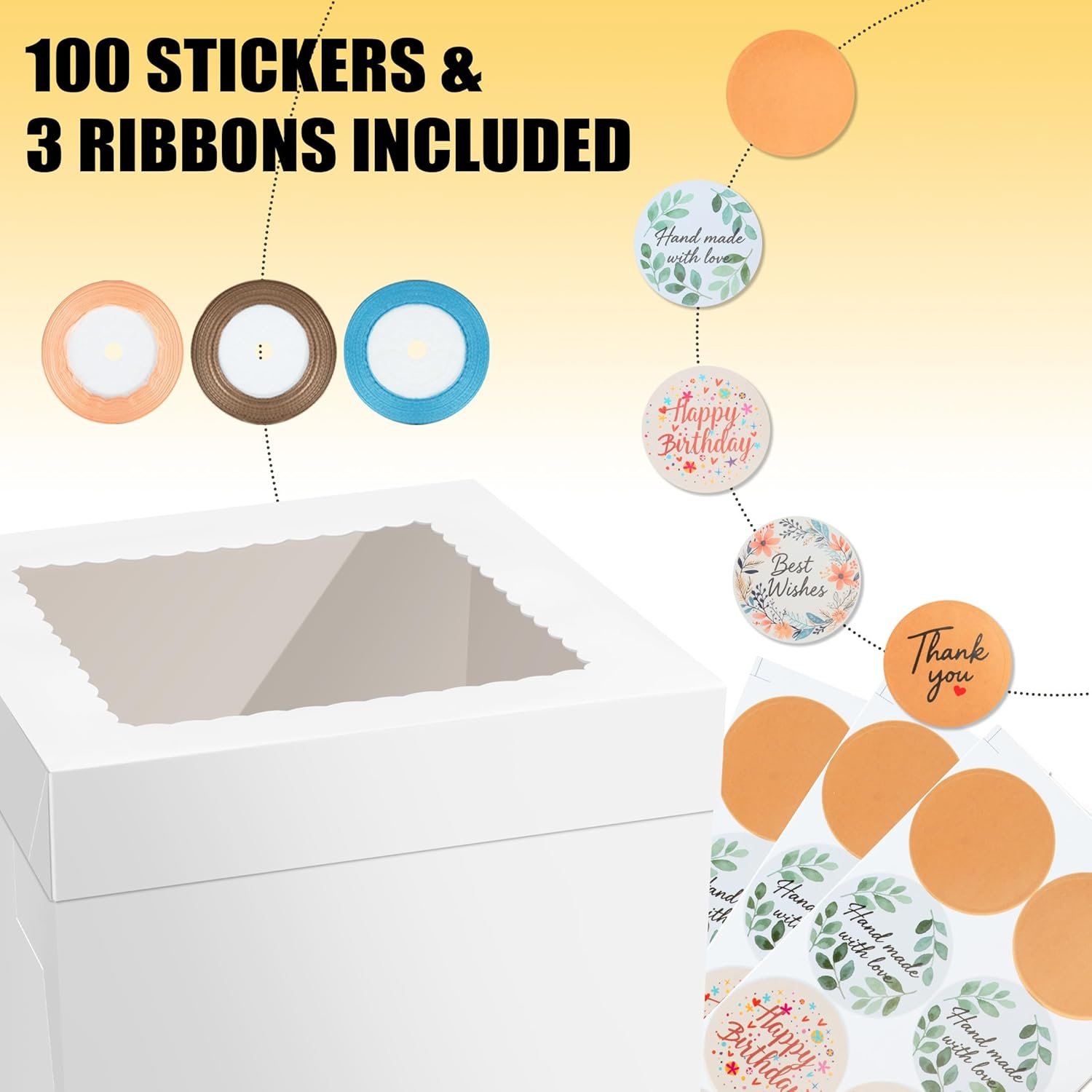 Grossiste de boîtes à gâteaux 40PCS avec fenêtres - Boîtes à gâteaux jetables 10x10x8 pouces, comprend des planches, des rubans et des autocollants pour cookie, tarte et anniversaire - Personnalisation de logo disponible par notre fabricant Grossiste de boîtes à gâteaux 40PCS avec fenêtres - Boîtes à gâteaux jetables 10x10x8 pouces, comprend des planches, des rubans et des autocollants pour cookie, tarte et anniversaire - Personnalisation de logo disponible par notre fabricant