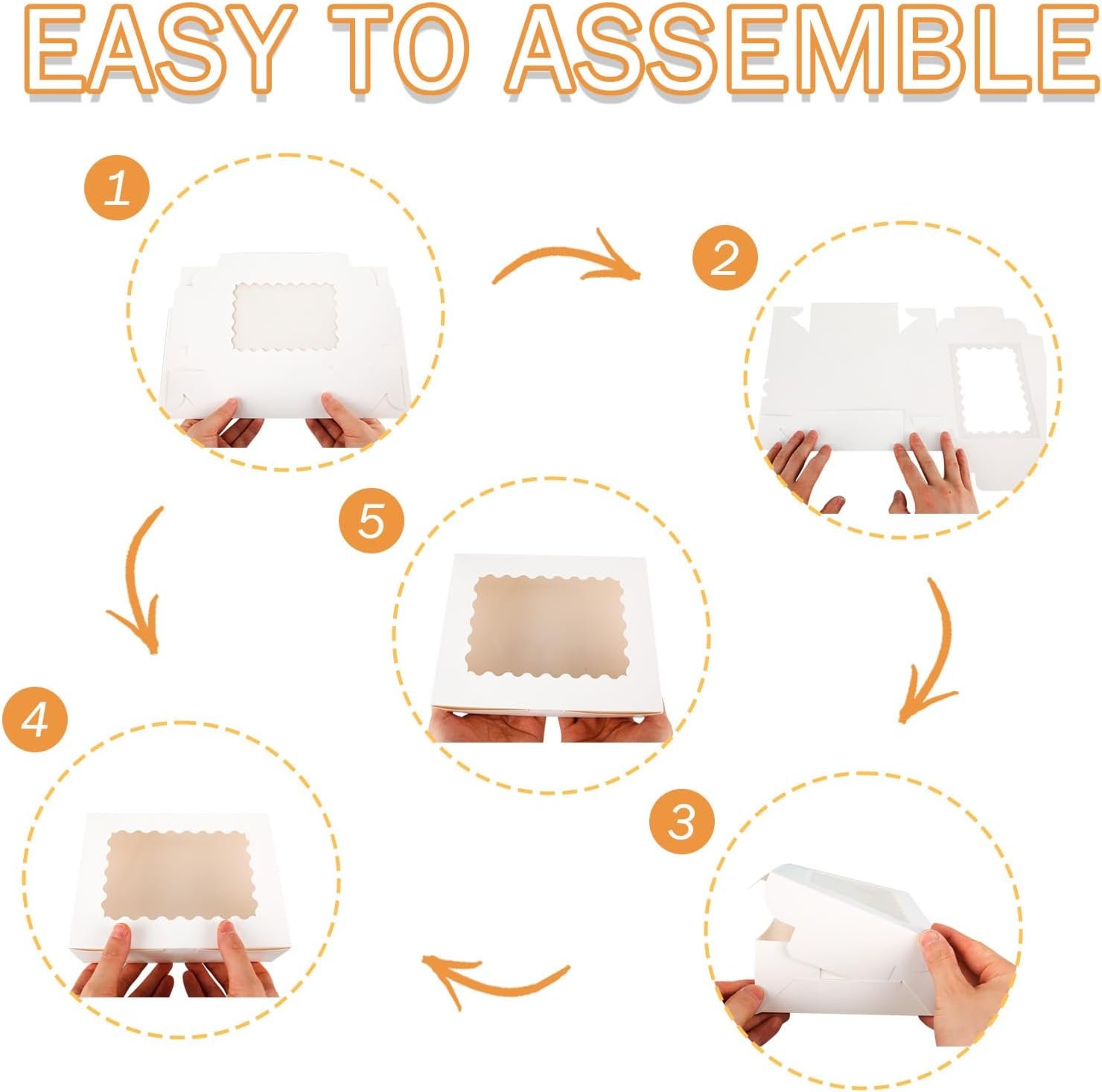 Boîtes à pâtisserie blanches de 50pcs 8x6x2.5 pouces, vente en gros, logo personnalisé, fabriquées par un fournisseur spécialisé, parfaites pour les fraises en chocolat, muffins et autres douceurs.