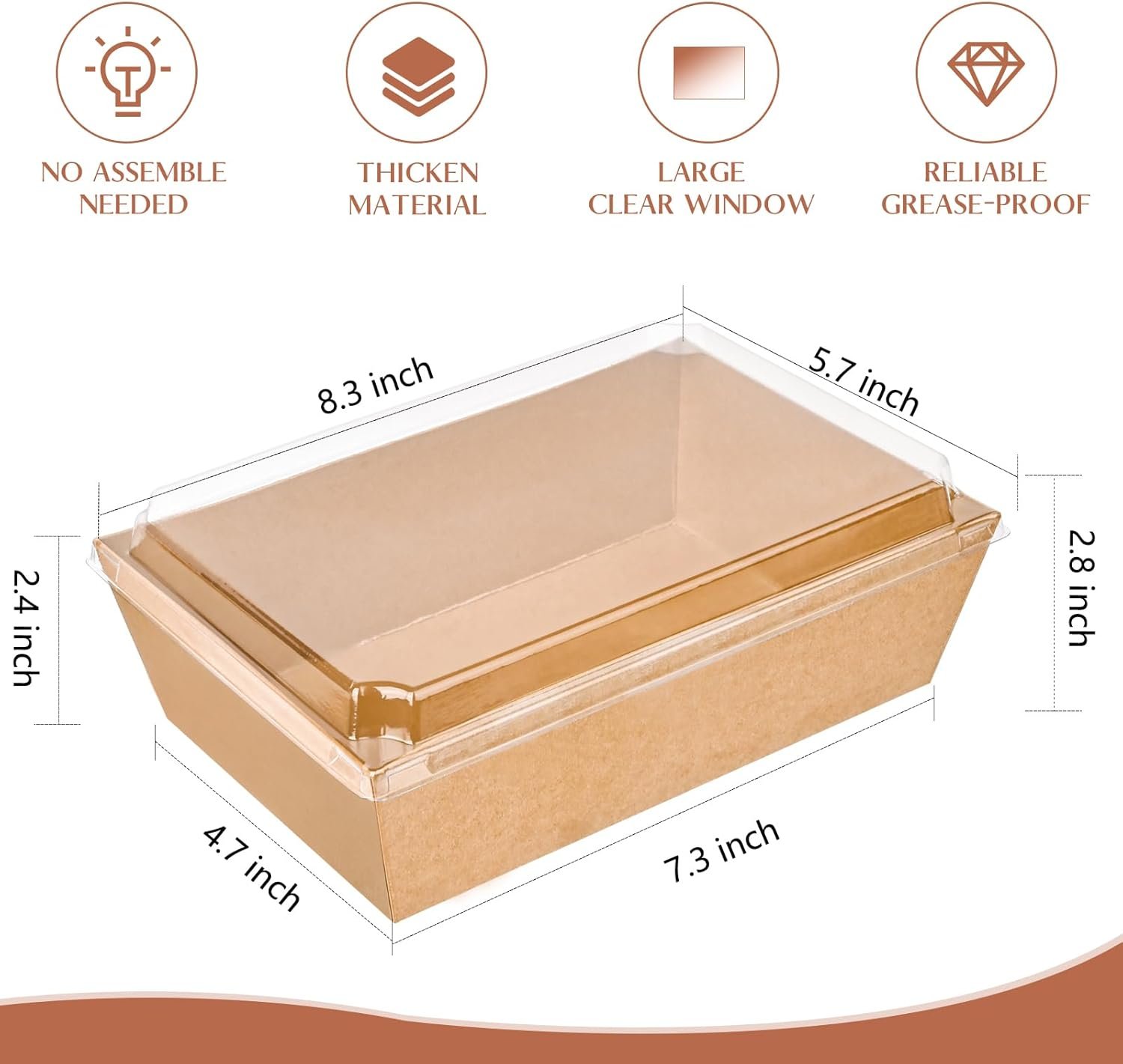 Grossiste de boîtes à charcuterie en papier 8 x 6 pouces avec couvercles transparents, 20 pièces, contenant alimentaire jetable pour part de gâteau, cupcakes, sandwichs, OEM et solutions en vrac pour boulangeries.