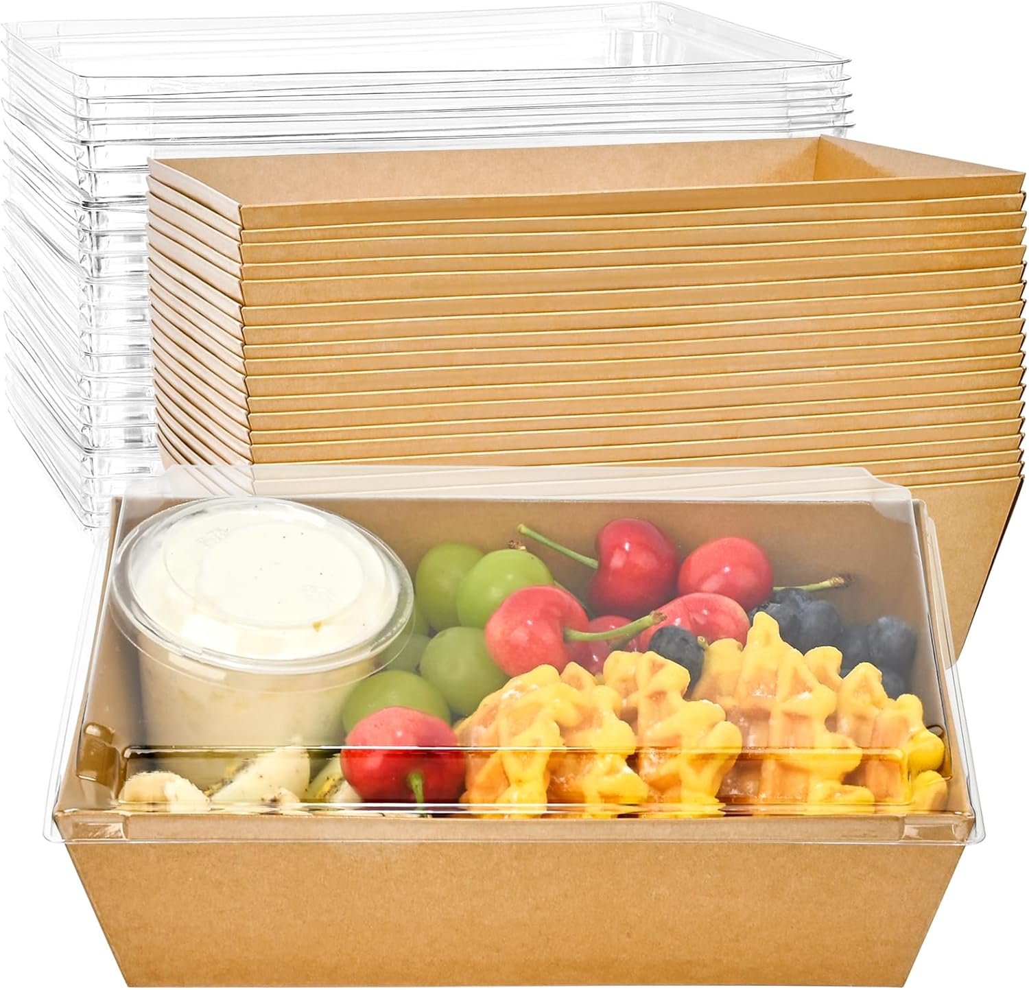 Grossiste de boîtes à charcuterie en papier 8 x 6 pouces avec couvercles transparents, 20 pièces, contenant alimentaire jetable pour part de gâteau, cupcakes, sandwichs, OEM et solutions en vrac pour boulangeries.