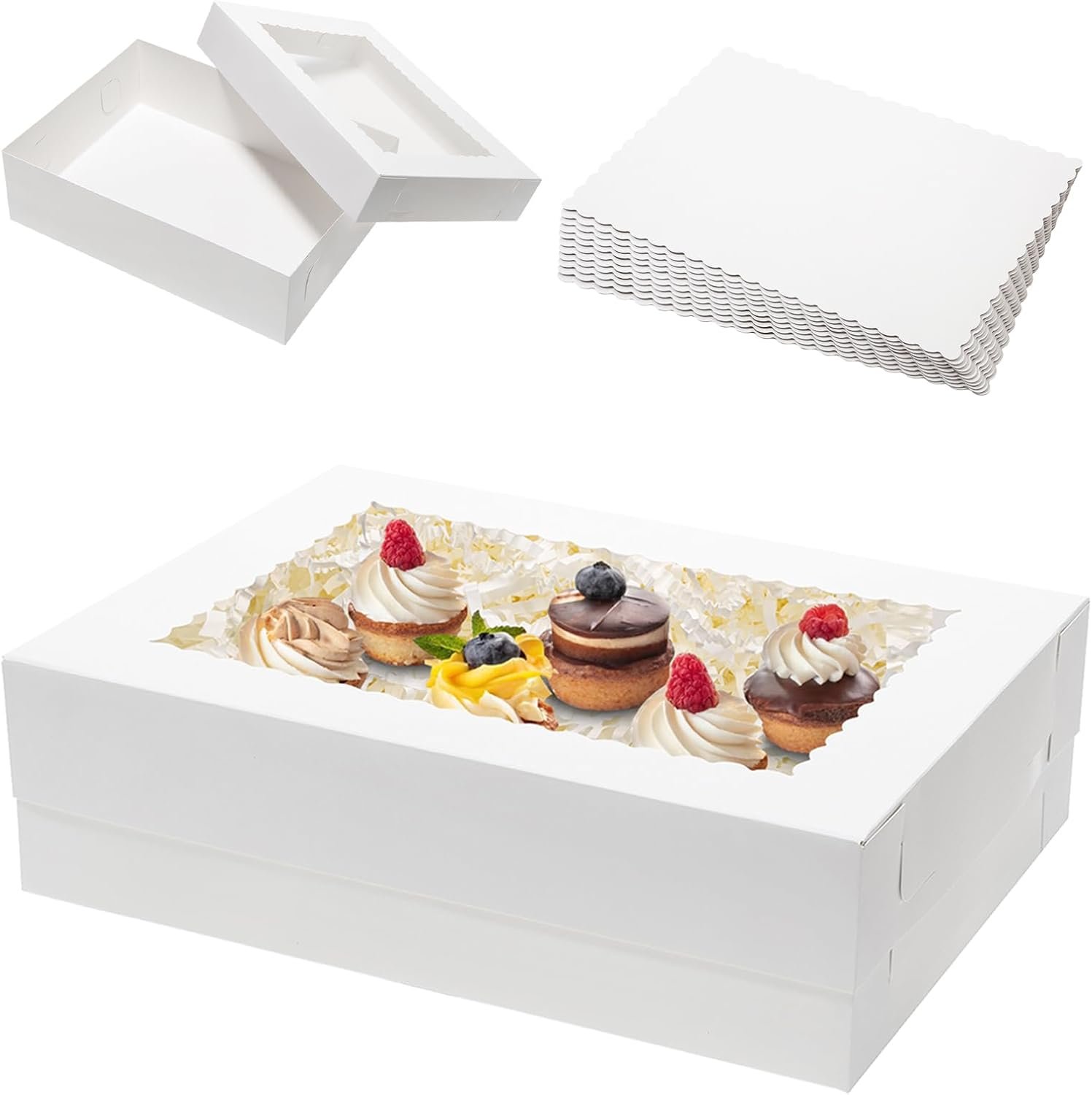 Boîtes à gâteaux rectangles 10 pcs 14x10x4 avec fenêtres pour la pâtisserie, cupcakes, donuts, biscuits et tartelettes - Marque blanche | Fabricant de boîtes de pâtisserie - Vente en gros avec 10 pcs planches à gâteaux