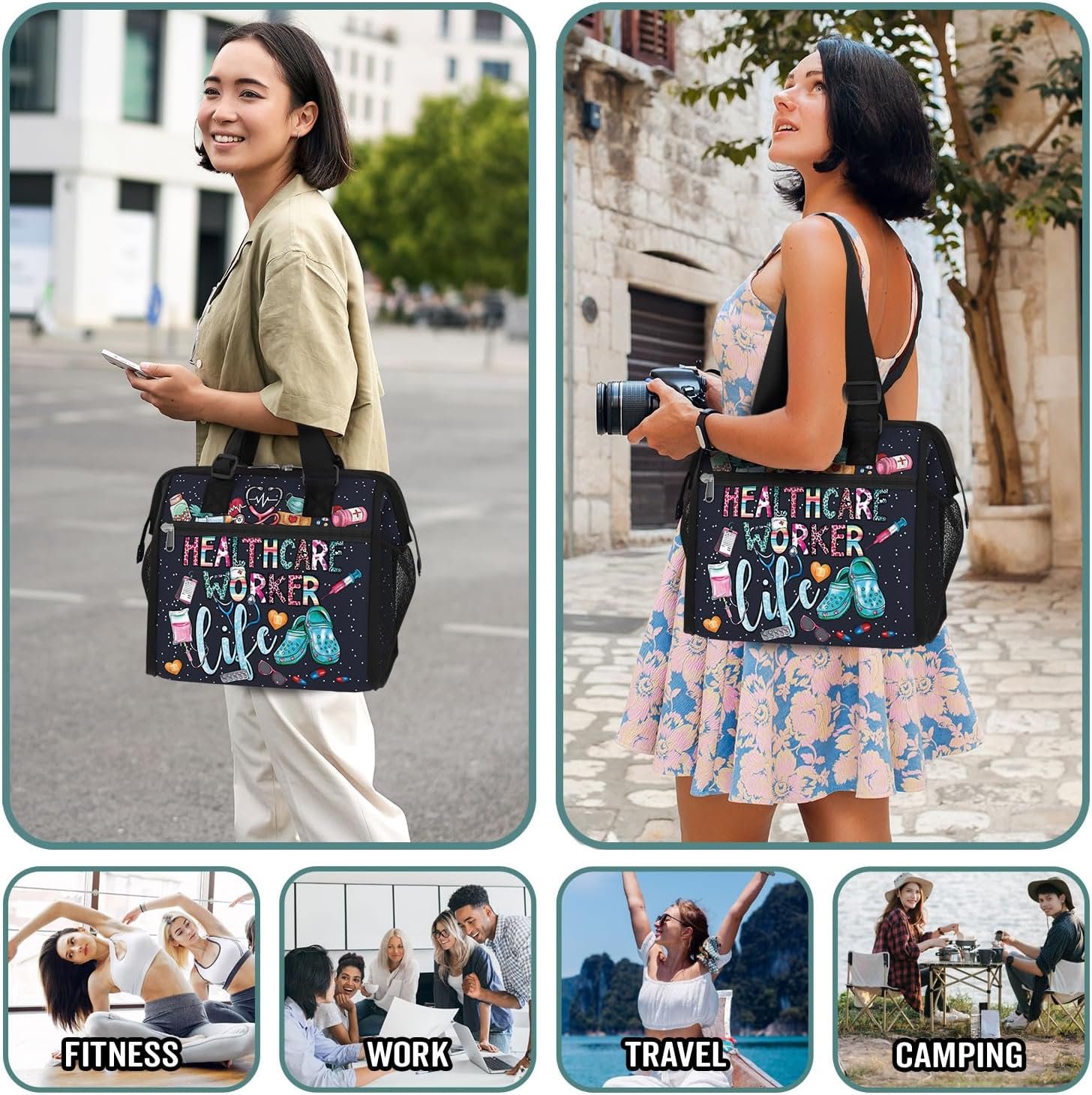 Sac à déjeuner isolé pour femmes, idéal comme cadeau pour professionnel de la santé, disponible en gros chez notre fournisseur, sac lunch box avec sangle ajustable pour le travail, voyage, pique-nique.
