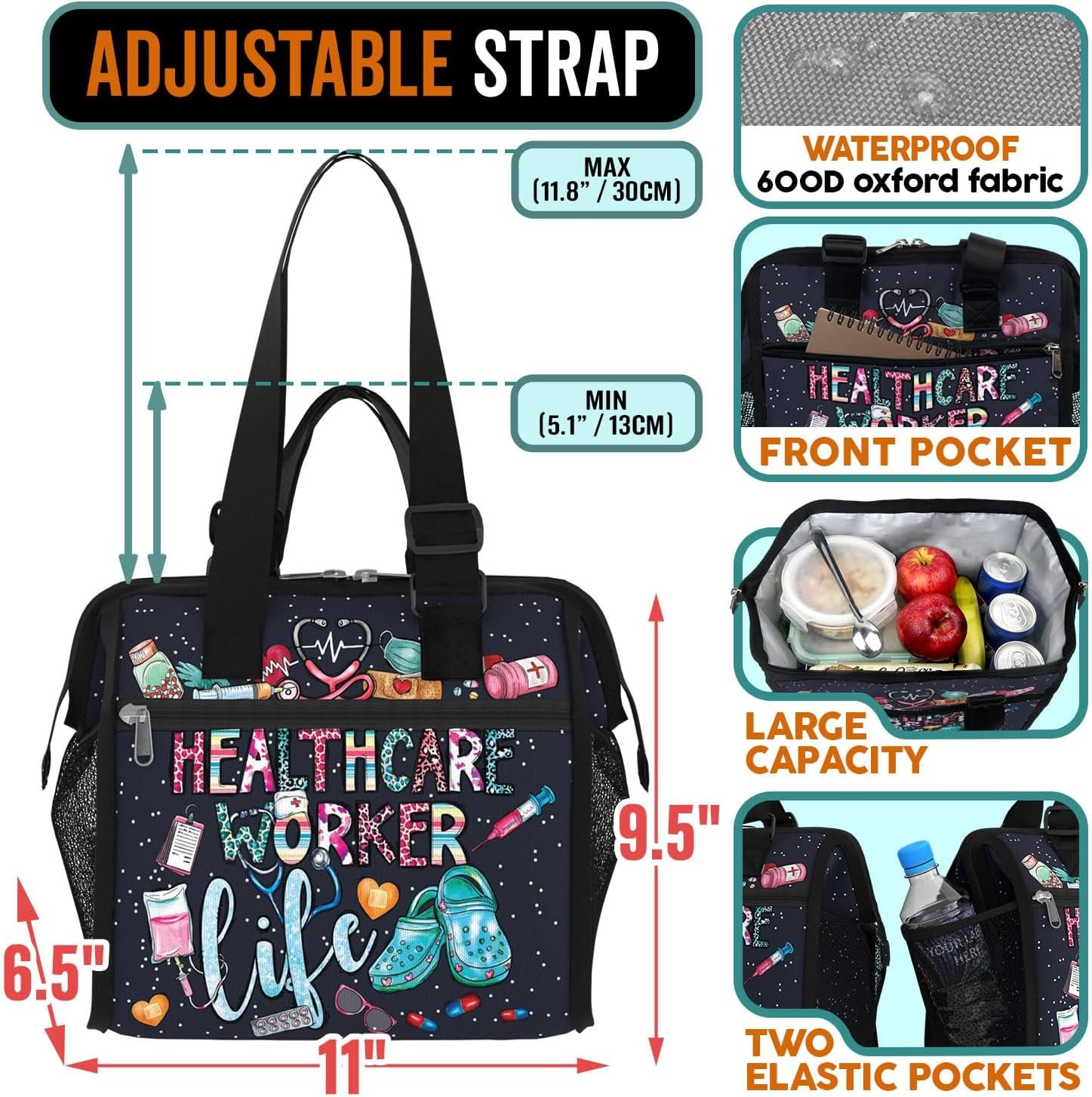 Sac à déjeuner isolé pour femmes, idéal comme cadeau pour professionnel de la santé, disponible en gros chez notre fournisseur, sac lunch box avec sangle ajustable pour le travail, voyage, pique-nique.