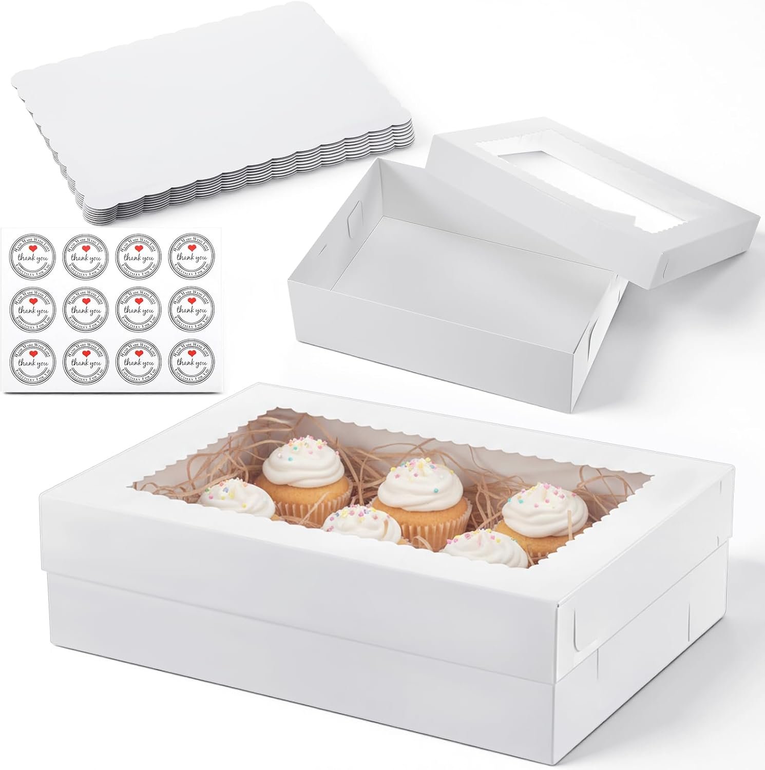 Vente en Gros de Boîtes à Gâteaux 14x10x4 pouces avec Logo Personnalisé et Plateau à Gâteau, Boîtes Blanches à Grande Fenêtre pour Gâteaux, Pâtisseries, Donuts et Cupcakes, Fournisseur de Solutions d'Emballage.
