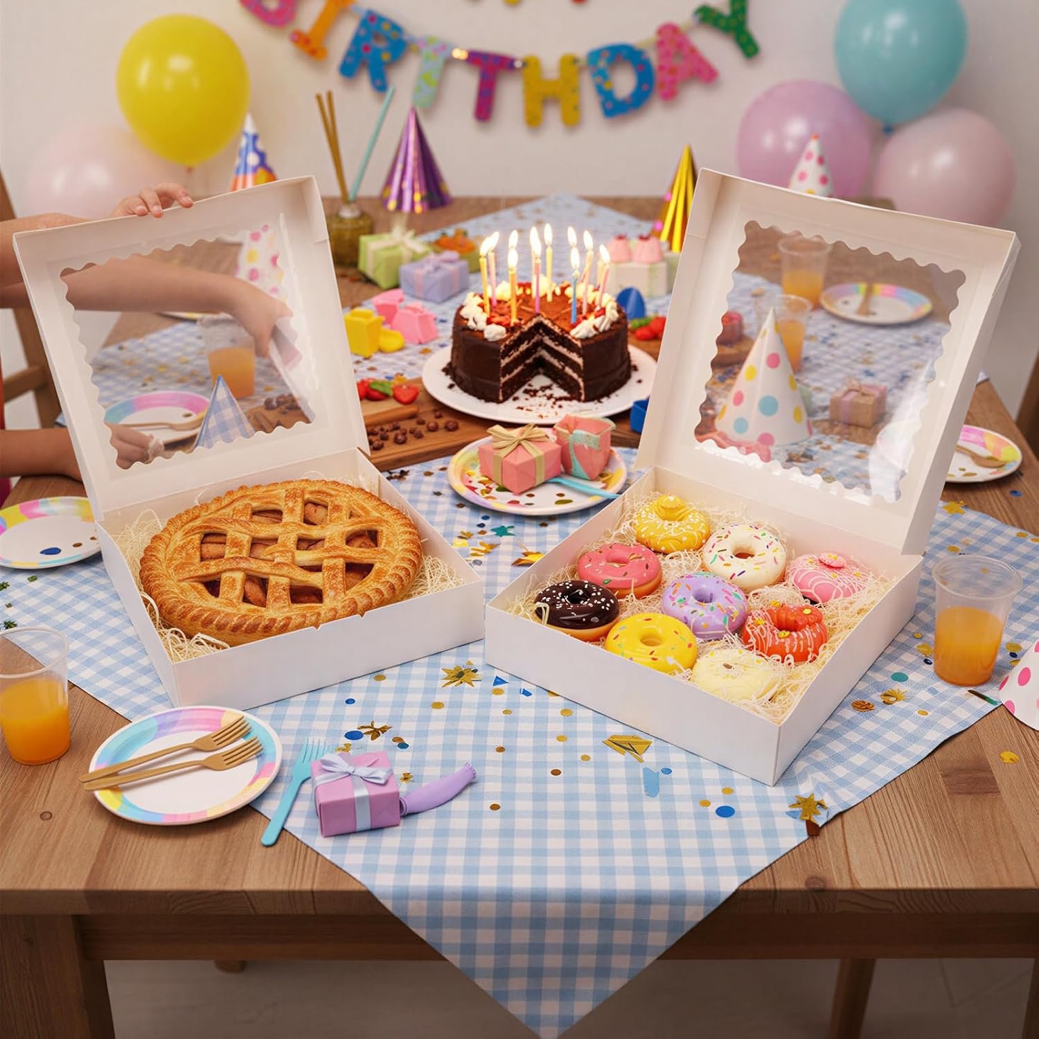 Grossiste en vente en gros de boîtes à tarte blanches avec fenêtre, 12x12x2,5 cm pour pâtisseries, muffins, beignets, cookies, et desserts | Fournisseur de boîtes à desserts auto-dépliantes avec logo personnalisé