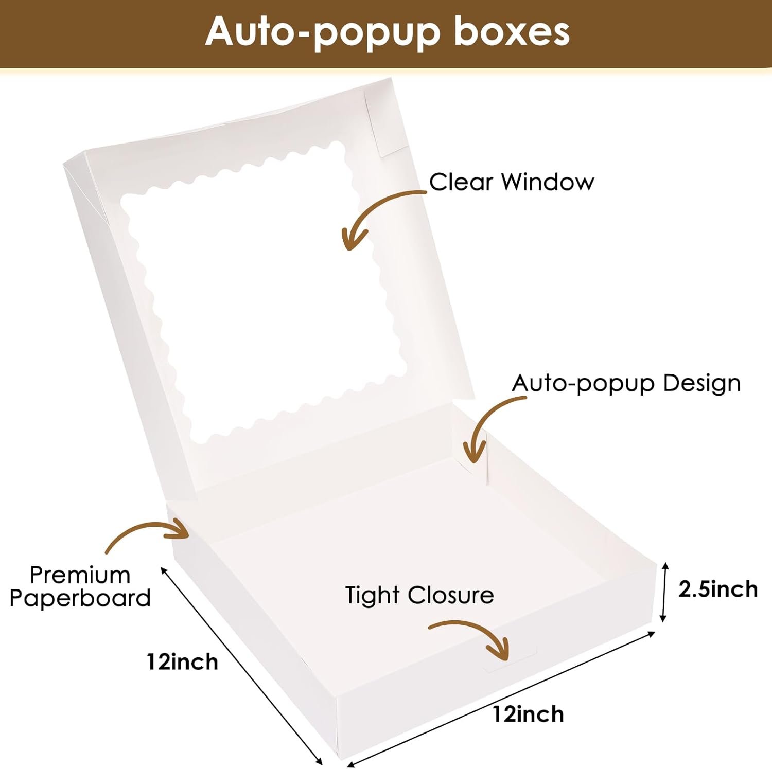 Grossiste en vente en gros de boîtes à tarte blanches avec fenêtre, 12x12x2,5 cm pour pâtisseries, muffins, beignets, cookies, et desserts | Fournisseur de boîtes à desserts auto-dépliantes avec logo personnalisé