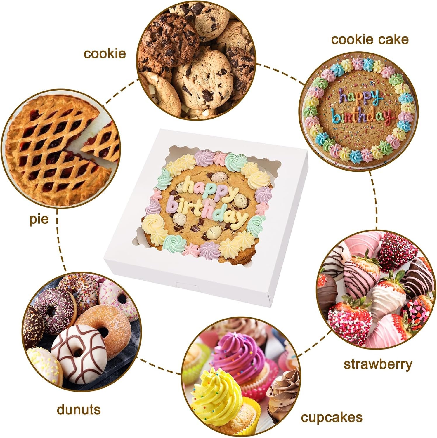 Grossiste en vente en gros de boîtes à tarte blanches avec fenêtre, 12x12x2,5 cm pour pâtisseries, muffins, beignets, cookies, et desserts | Fournisseur de boîtes à desserts auto-dépliantes avec logo personnalisé