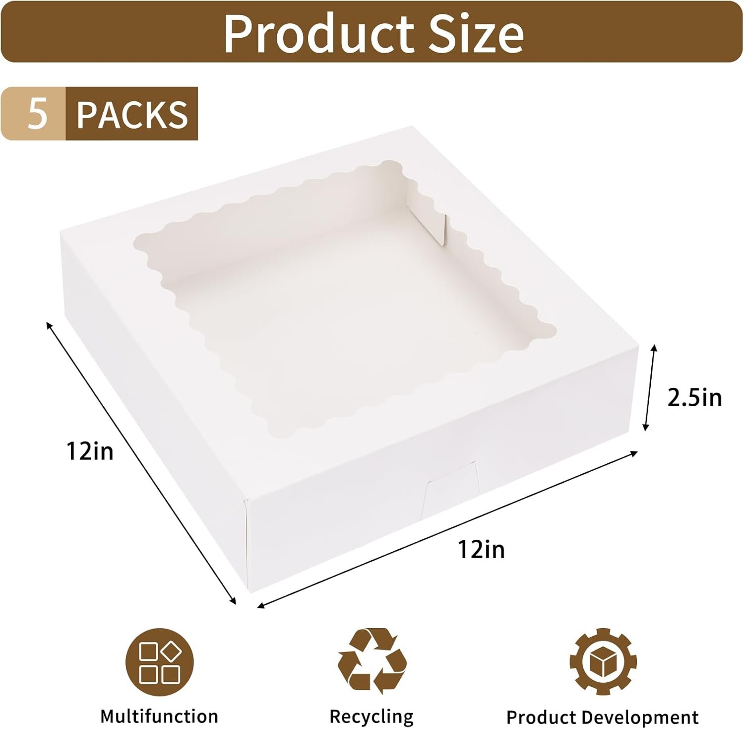 Grossiste en vente en gros de boîtes à tarte blanches avec fenêtre, 12x12x2,5 cm pour pâtisseries, muffins, beignets, cookies, et desserts | Fournisseur de boîtes à desserts auto-dépliantes avec logo personnalisé