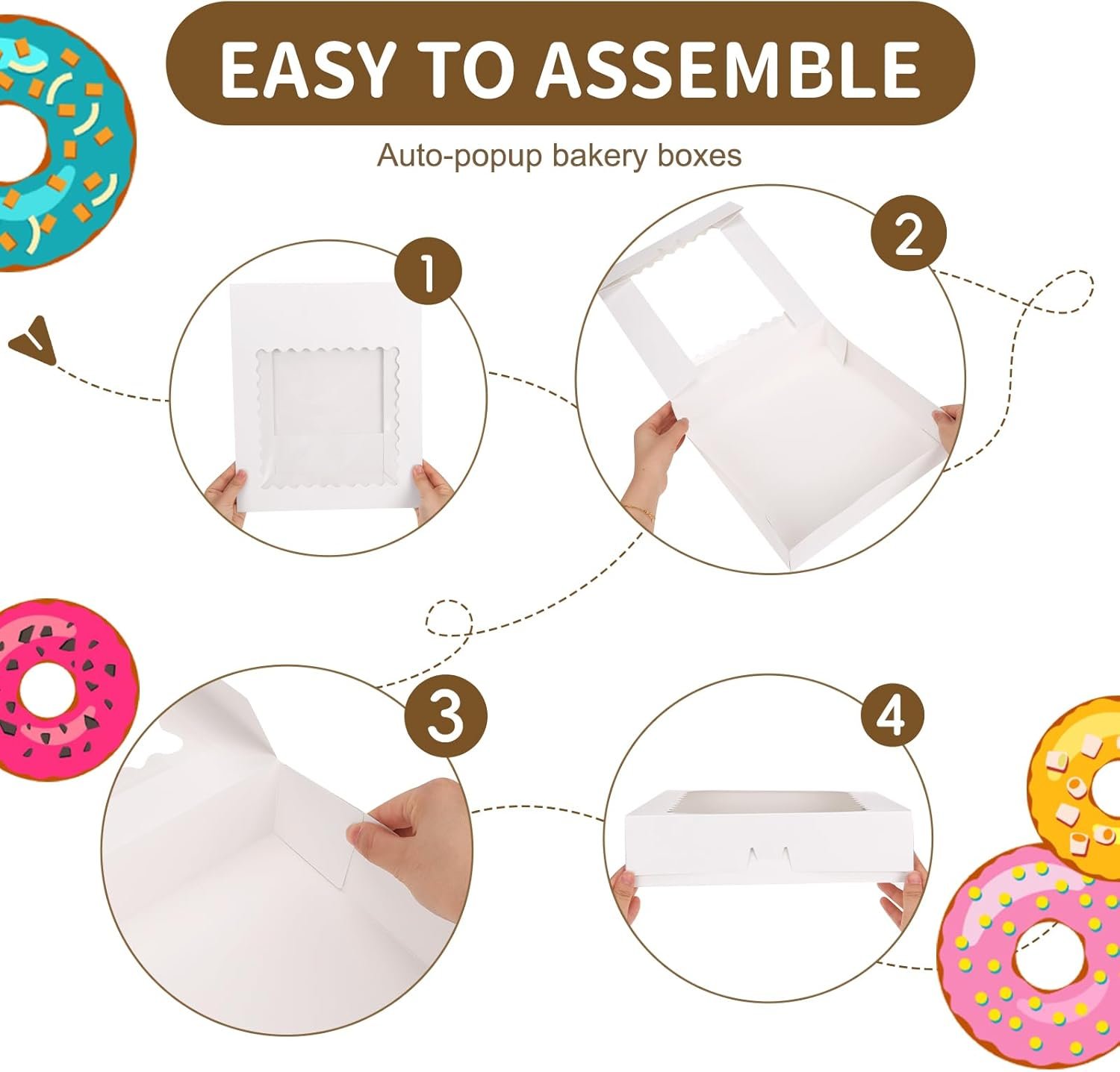 Grossiste en vente en gros de boîtes à tarte blanches avec fenêtre, 12x12x2,5 cm pour pâtisseries, muffins, beignets, cookies, et desserts | Fournisseur de boîtes à desserts auto-dépliantes avec logo personnalisé