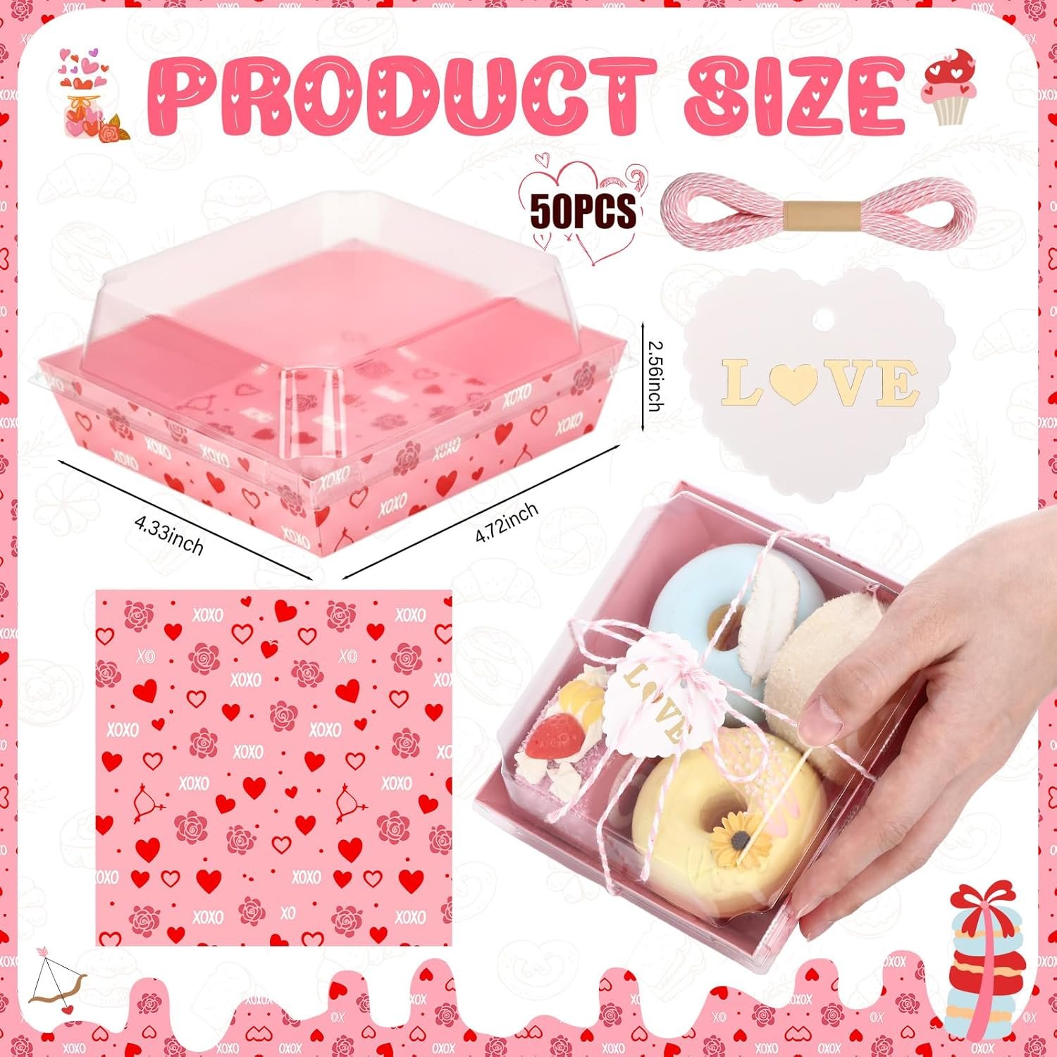 Grossiste 50 Boîtes à Charcuterie de Saint-Valentin avec Couvercles Clairs, 5.3 x 5 Pouces, Personnalisation de Logo, Fournisseur de Boîtes en Papier Jetables pour Gâteaux, Biscuits, Desserts, Sandwichs et Cadeaux de Fête (Rose)