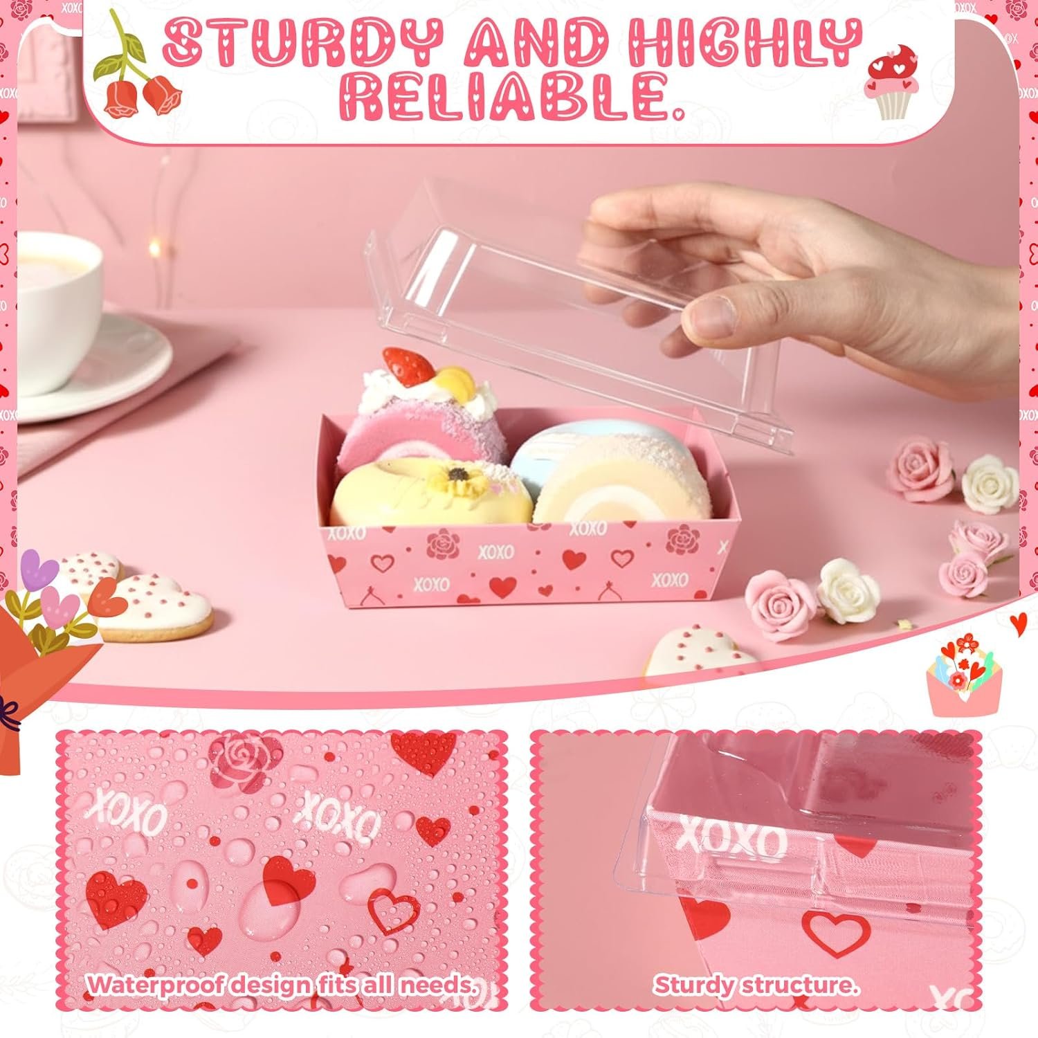 Grossiste 50 Boîtes à Charcuterie de Saint-Valentin avec Couvercles Clairs, 5.3 x 5 Pouces, Personnalisation de Logo, Fournisseur de Boîtes en Papier Jetables pour Gâteaux, Biscuits, Desserts, Sandwichs et Cadeaux de Fête (Rose)