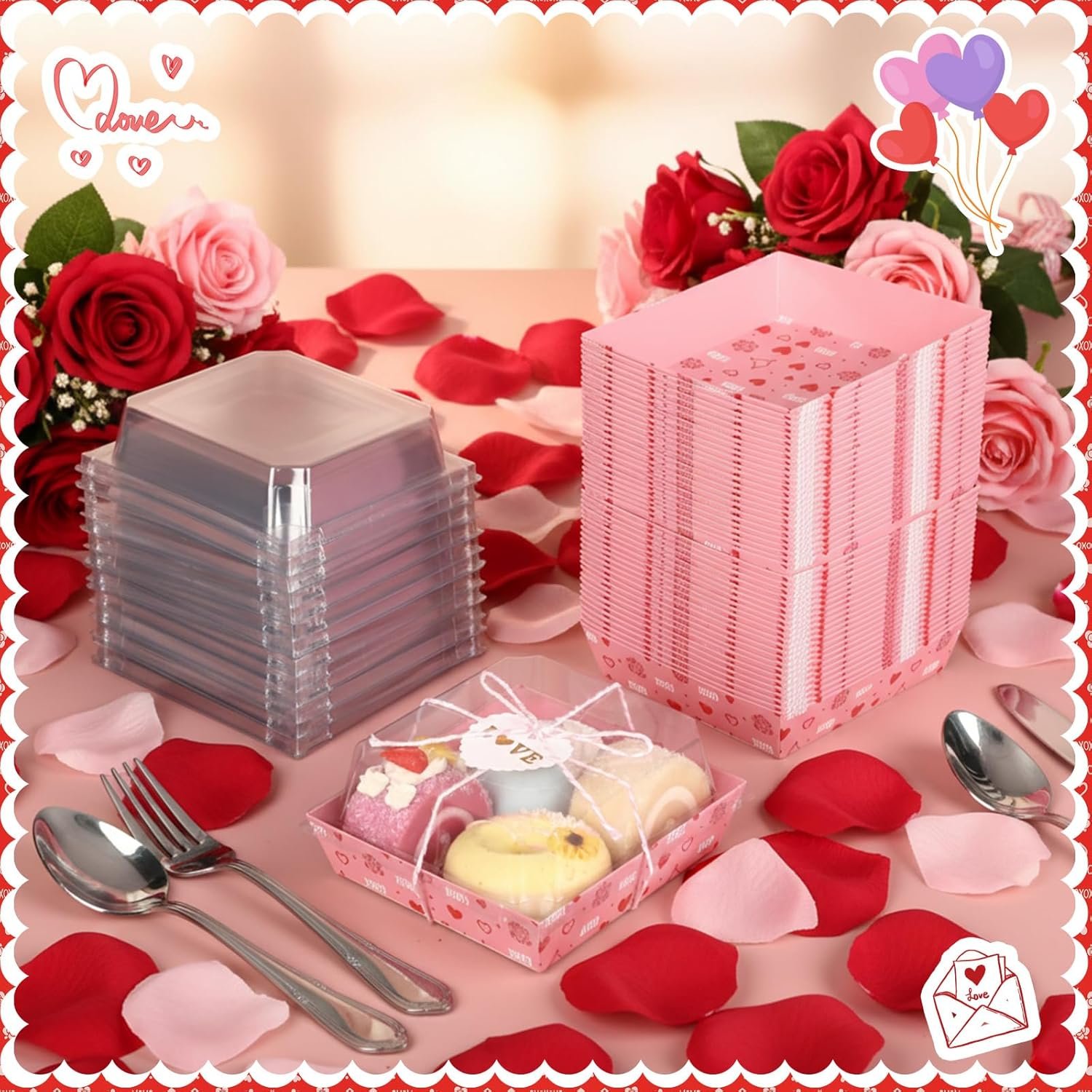 Grossiste 50 Boîtes à Charcuterie de Saint-Valentin avec Couvercles Clairs, 5.3 x 5 Pouces, Personnalisation de Logo, Fournisseur de Boîtes en Papier Jetables pour Gâteaux, Biscuits, Desserts, Sandwichs et Cadeaux de Fête (Rose)