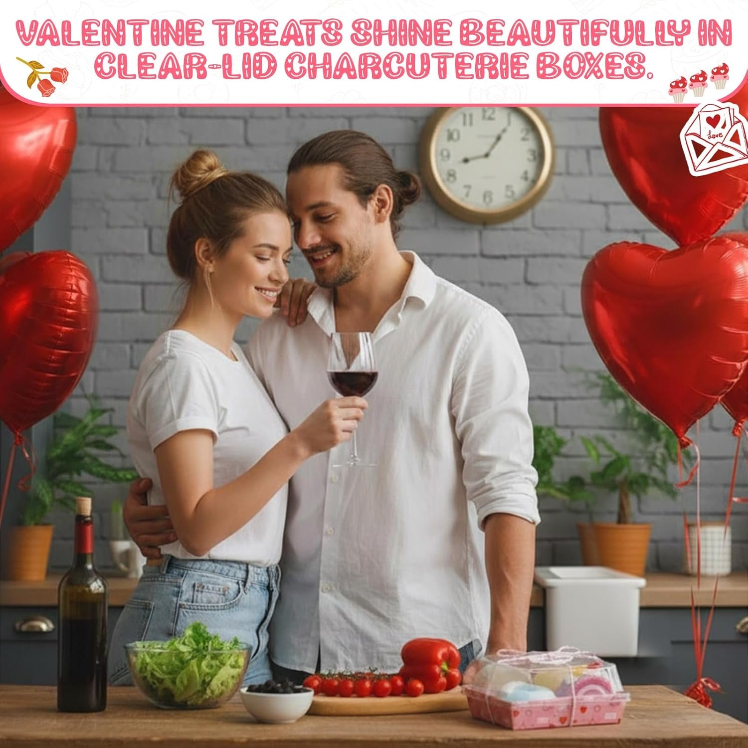 Grossiste 50 Boîtes à Charcuterie de Saint-Valentin avec Couvercles Clairs, 5.3 x 5 Pouces, Personnalisation de Logo, Fournisseur de Boîtes en Papier Jetables pour Gâteaux, Biscuits, Desserts, Sandwichs et Cadeaux de Fête (Rose)