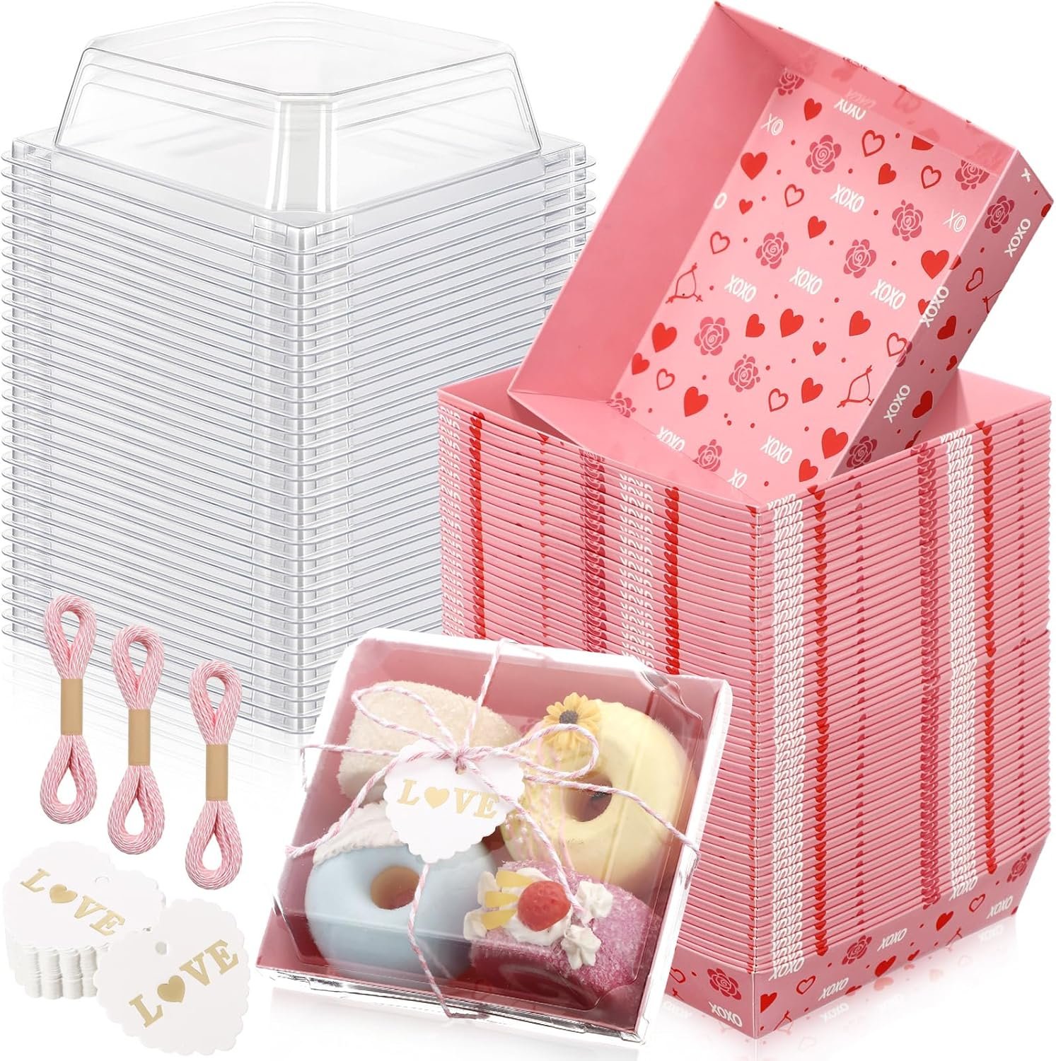 Grossiste 50 Boîtes à Charcuterie de Saint-Valentin avec Couvercles Clairs, 5.3 x 5 Pouces, Personnalisation de Logo, Fournisseur de Boîtes en Papier Jetables pour Gâteaux, Biscuits, Desserts, Sandwichs et Cadeaux de Fête (Rose)